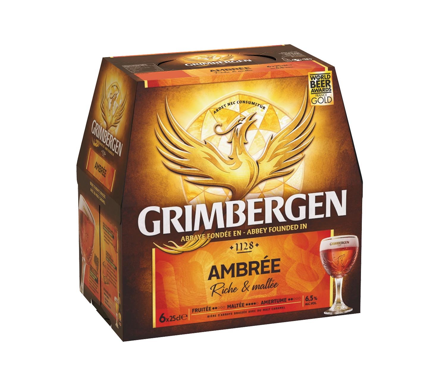 DE: Grimbergen Ambrée Bier 6x25cl – bernsteinfarbenes belgisches Abteibier, Verpackung mit goldenem Phönix-Logo und Glasabbildung vor weißem Hintergrund.
FR: Grimbergen Ambrée bière 6x25cl – emballage brun avec logo du phénix doré et verre illustré, bière ambrée d’abbaye belge sur fond blanc.
IT: Birra Grimbergen Ambrée 6x25cl – confezione marrone con logo dorato della fenice e bicchiere illustrato, birra ambrata d’abbazia belga su sfondo bianco.