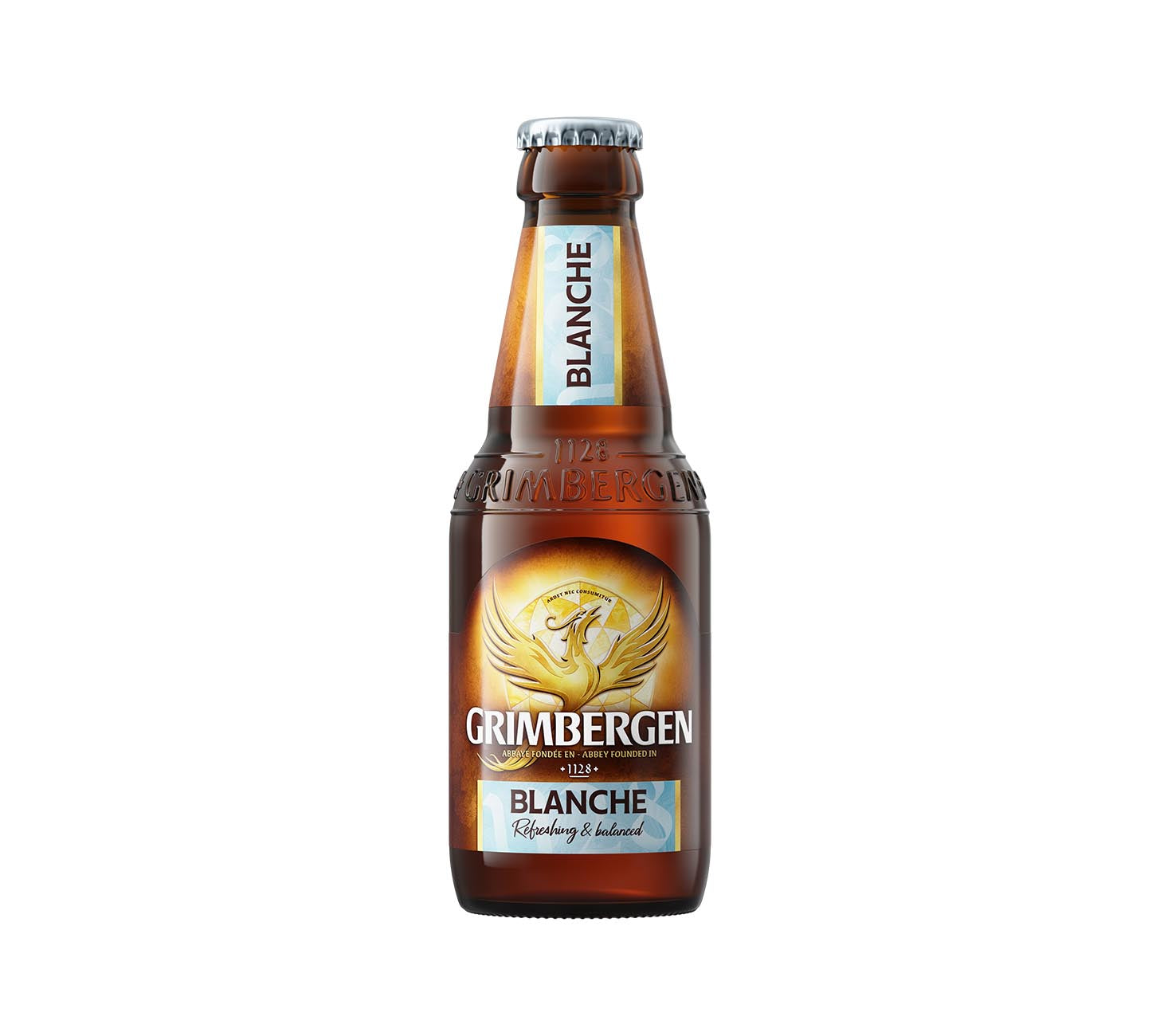 DE: Grimbergen Blanche Bier 25cl – belgisches Klosterbier in brauner Flasche mit hellblauem Etikett und Phönix-Logo, erfrischendes Witbier vor weißem Hintergrund.
FR: Bière Grimbergen Blanche 25cl – bière blanche d’abbaye belge en bouteille brune avec étiquette bleu clair et logo du phénix sur fond blanc.
IT: Birra Grimbergen Blanche 25cl – birra bianca d’abbazia belga in bottiglia ambrata con etichetta azzurro chiaro e logo della fenice su sfondo bianco.