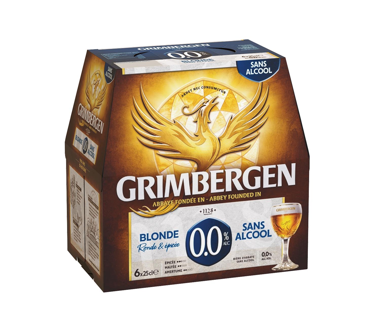 DE: Grimbergen Blonde 0.0 Bier 6x25cl – alkoholfreies belgisches Abteibier, goldene Verpackung mit Phönix-Logo und stilisiertem Glas vor weissem Hintergrund.
FR: Grimbergen Blonde 0.0 bière 6x25cl – bière d’abbaye belge sans alcool, emballage doré avec logo du phénix et verre stylisé sur fond blanc.
IT: Birra Grimbergen Blonde 0.0 6x25cl – birra d’abbazia belga analcolica, confezione dorata con logo della fenice e bicchiere stilizzato su sfondo bianco.