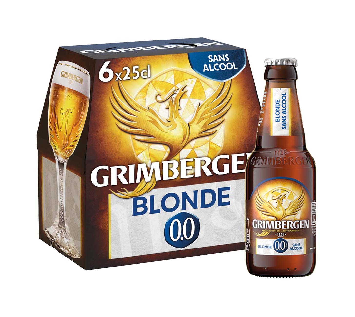 DE: Grimbergen Blonde 0.0 Bier 25cl 6-Pack, MHI – Set mit alkoholfreiem belgischem Klosterbier, Flasche und Kartonverpackung mit Phönix-Logo vor weissem Hintergrund.
FR: Grimbergen Blonde 0.0 bière 25cl coffret 6, MHI – pack avec bouteille et emballage doré, bière blonde d’abbaye sans alcool sur fond blanc.
IT: Birra Grimbergen Blonde 0.0 25cl confezione da 6, MHI – set con bottiglia e confezione dorata, birra bionda analcolica d’abbazia su sfondo bianco.