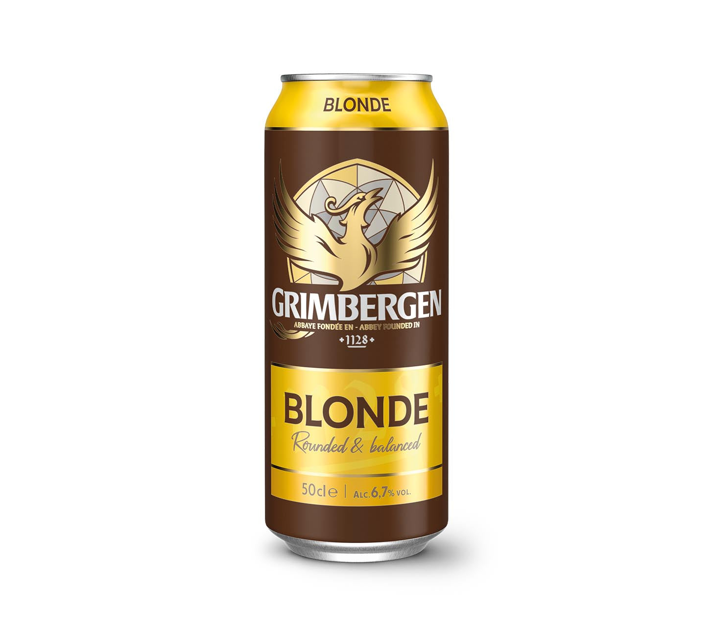 DE: Grimbergen Blonde Bier 50cl – belgisches Klosterbier in goldbrauner Dose mit Phönix-Logo und goldgelbem Etikett vor weissem Hintergrund.
FR: Bière Grimbergen Blonde 50cl – bière blonde d’abbaye belge en canette brun doré avec logo du phénix sur fond blanc.
IT: Birra Grimbergen Blonde 50cl – birra bionda d’abbazia belga in lattina dorata con logo della fenice su sfondo bianco.