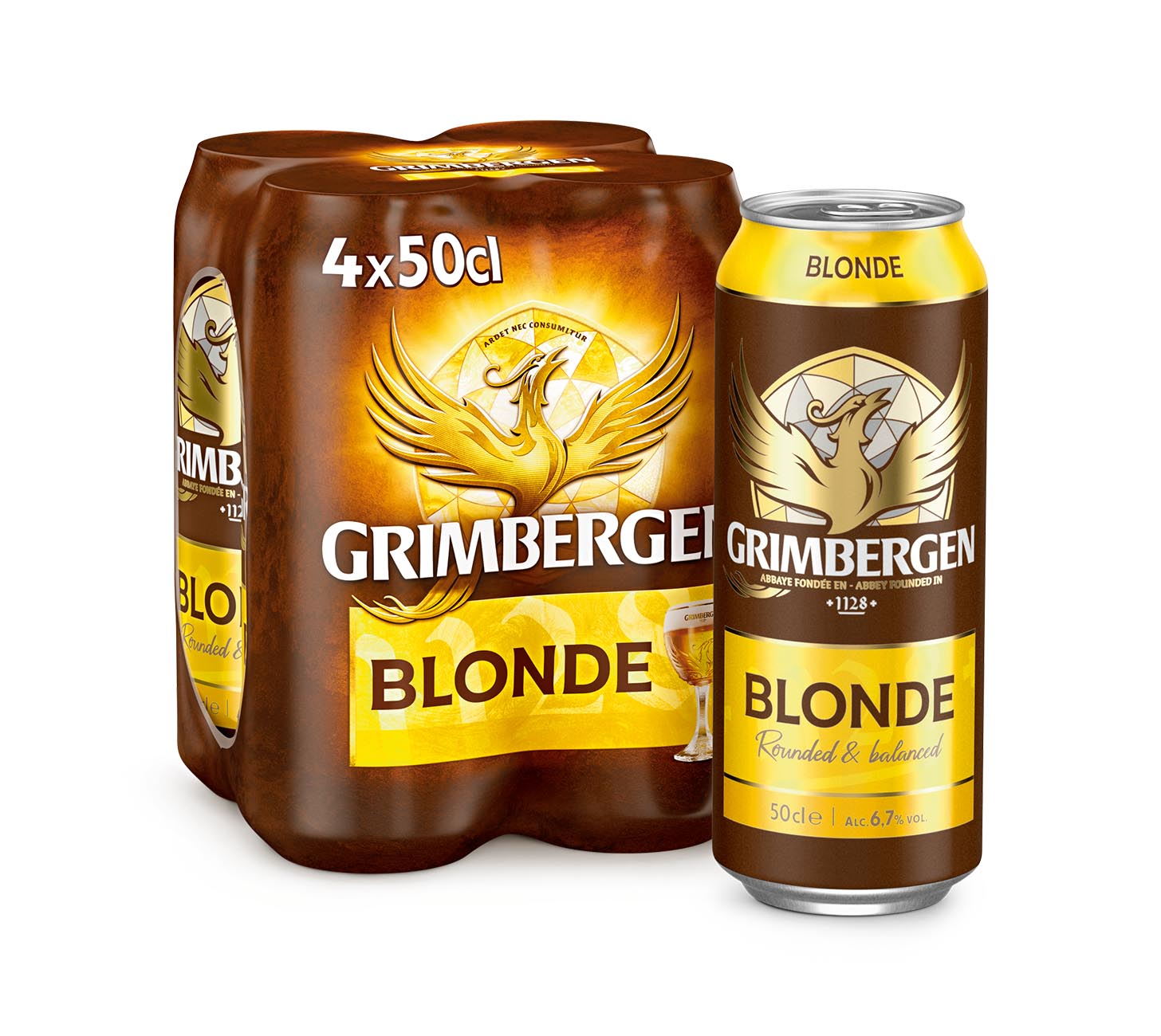 DE: Grimbergen Blonde Bier 50cl 4-Pack, MHI – Set mit belgischem Klosterbier, Dose und Viererpack mit Phönix-Logo vor weißem Hintergrund.
FR: Grimbergen Blonde bière 50cl coffret 4, MHI – ensemble avec canette et emballage de quatre, bière blonde d’abbaye belge sur fond blanc.
IT: Birra Grimbergen Blonde 50cl confezione da 4, MHI – set con lattina e imballaggio da quattro, birra bionda d’abbazia belga su sfondo bianco.