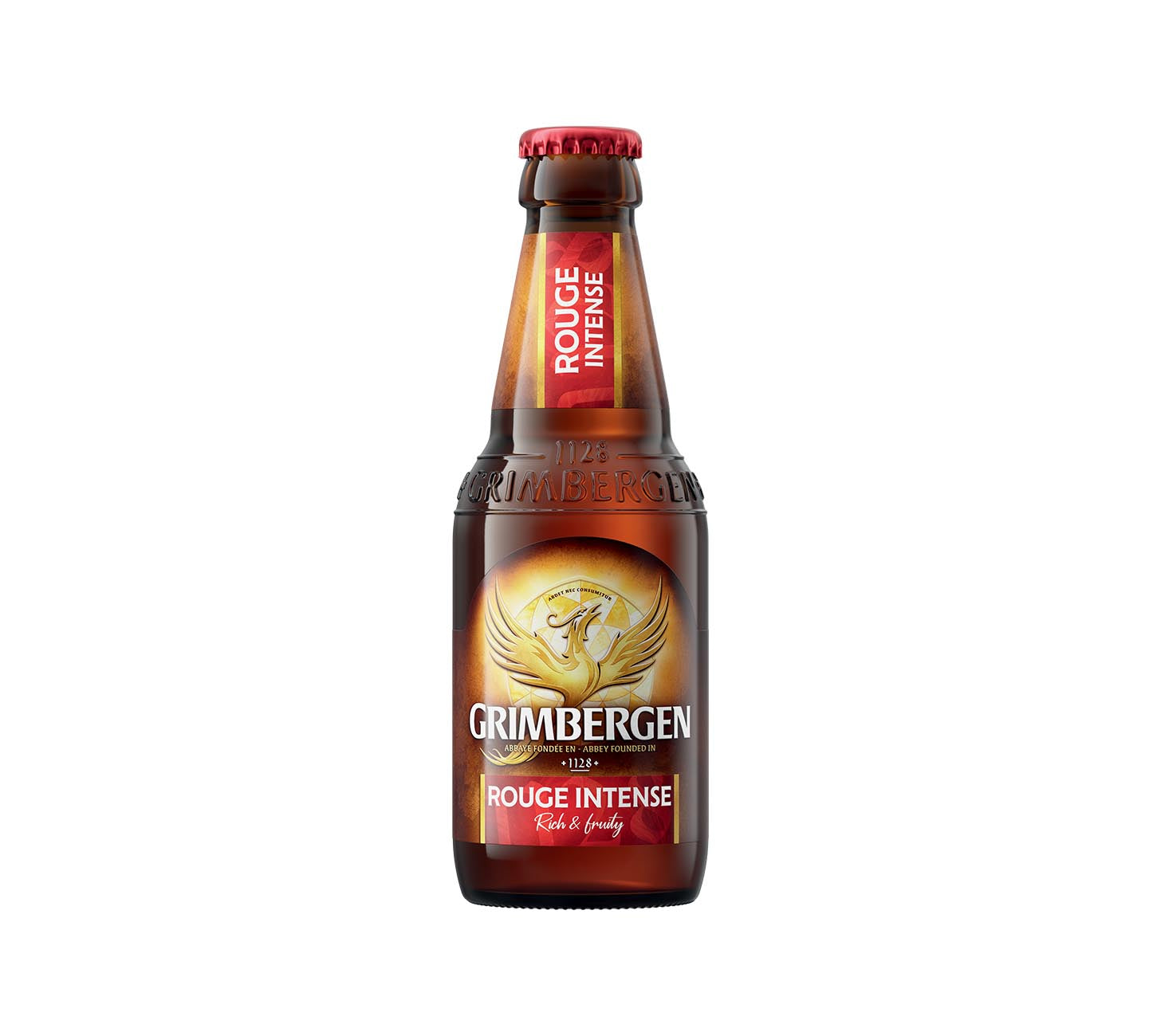 DE: Grimbergen Rouge Bier 25cl – rotes belgisches Klosterbier in brauner Flasche mit rotem Etikett und Phönix-Logo vor weißem Hintergrund.
FR: Bière Grimbergen Rouge 25cl – bière rouge d’abbaye belge en bouteille brune avec étiquette rouge et logo du phénix sur fond blanc.
IT: Birra Grimbergen Rouge 25cl – birra rossa d’abbazia belga in bottiglia ambrata con etichetta rossa e logo della fenice su sfondo bianco.