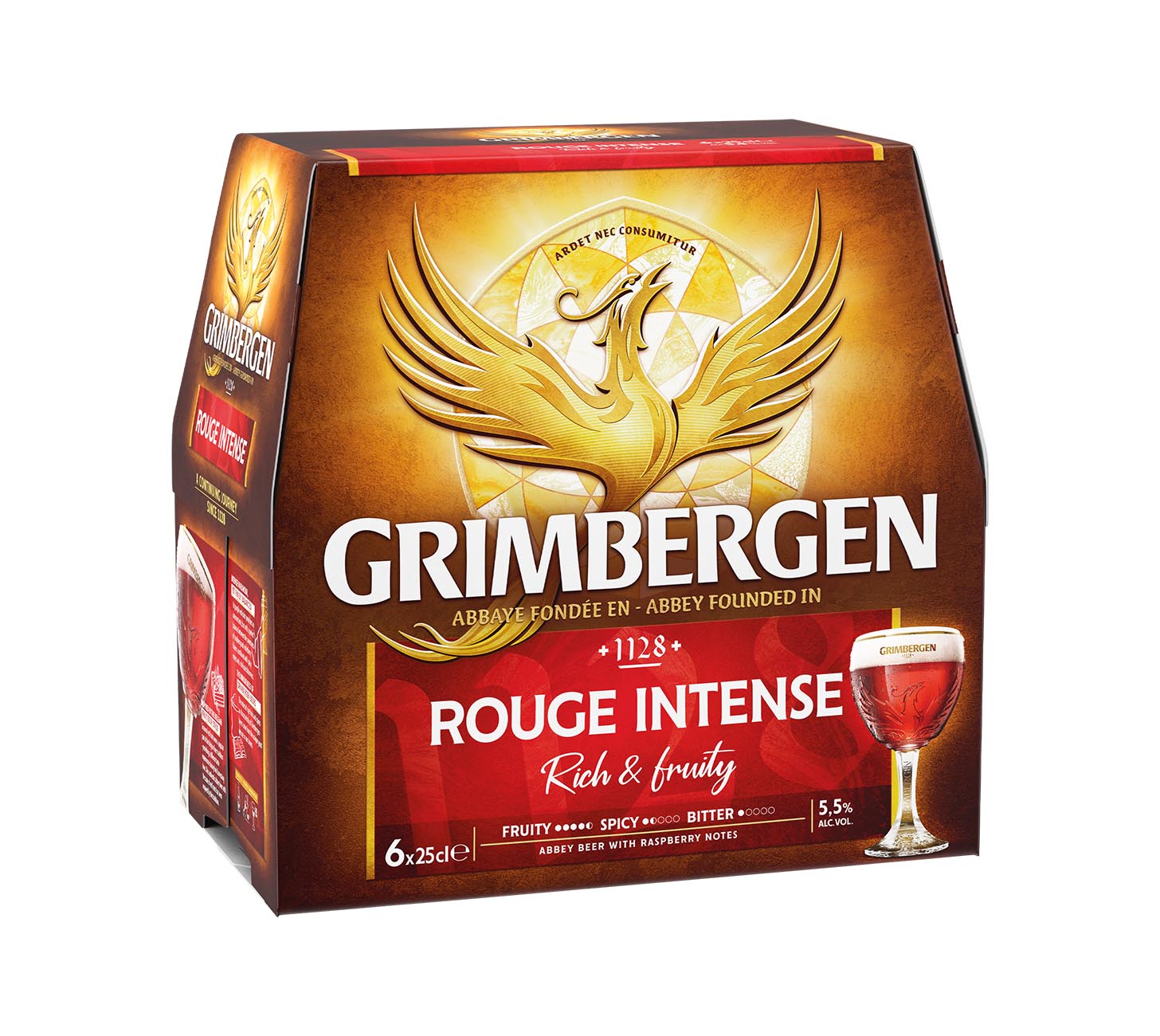 DE: Grimbergen Rouge Bier 6x25cl – kräftig rotes belgisches Abteibier, Verpackung mit goldenem Phönix-Logo und Glasabbildung vor weißem Hintergrund.
FR: Grimbergen Rouge bière 6x25cl – emballage brun avec logo doré du phénix et verre illustré, bière rouge d’abbaye belge sur fond blanc.
IT: Birra Grimbergen Rouge 6x25cl – confezione marrone con logo dorato della fenice e bicchiere illustrato, birra rossa d’abbazia belga su sfondo bianco.