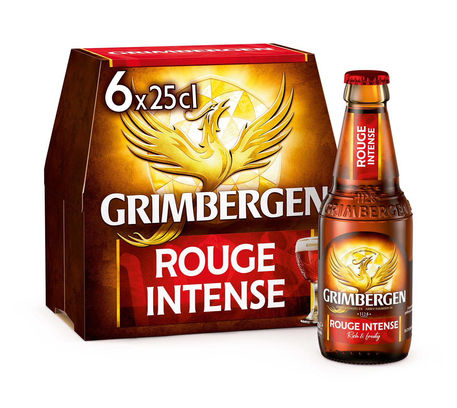 DE: Grimbergen Rouge Bier 25cl 6-Pack, MHI – Set mit rotem belgischem Klosterbier, Flasche und Karton mit Phönix-Logo vor weißem Hintergrund.
FR: Grimbergen Rouge bière 25cl coffret 6, MHI – bière rouge belge d’abbaye avec bouteille et emballage brun au logo doré sur fond blanc.
IT: Birra Grimbergen Rouge 25cl confezione da 6, MHI – birra rossa d’abbazia belga con bottiglia e confezione marrone con logo dorato su sfondo bianco.