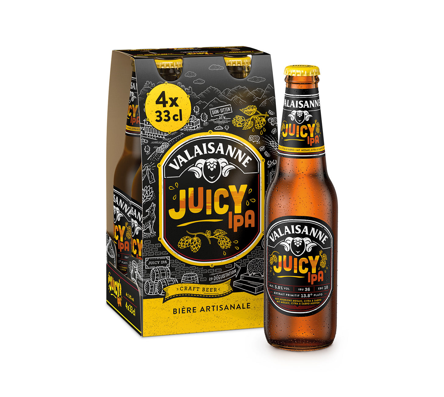 DE: Valaisanne Juicy IPA 4×33cl – fruchtiges IPA im 4er-Pack mit tropischen Aromen und leichter Hopfenbittere, vor neutralem Hintergrund.
FR: Valaisanne Juicy IPA 4×33cl – IPA fruitée en pack de 4 aux aromes tropicaux et amertume delicate, sur fond neutre.
IT: Valaisanne Juicy IPA 4×33cl – IPA fruttata in confezione da 4 con aromi tropicali e lieve amarezza, su sfondo neutro.