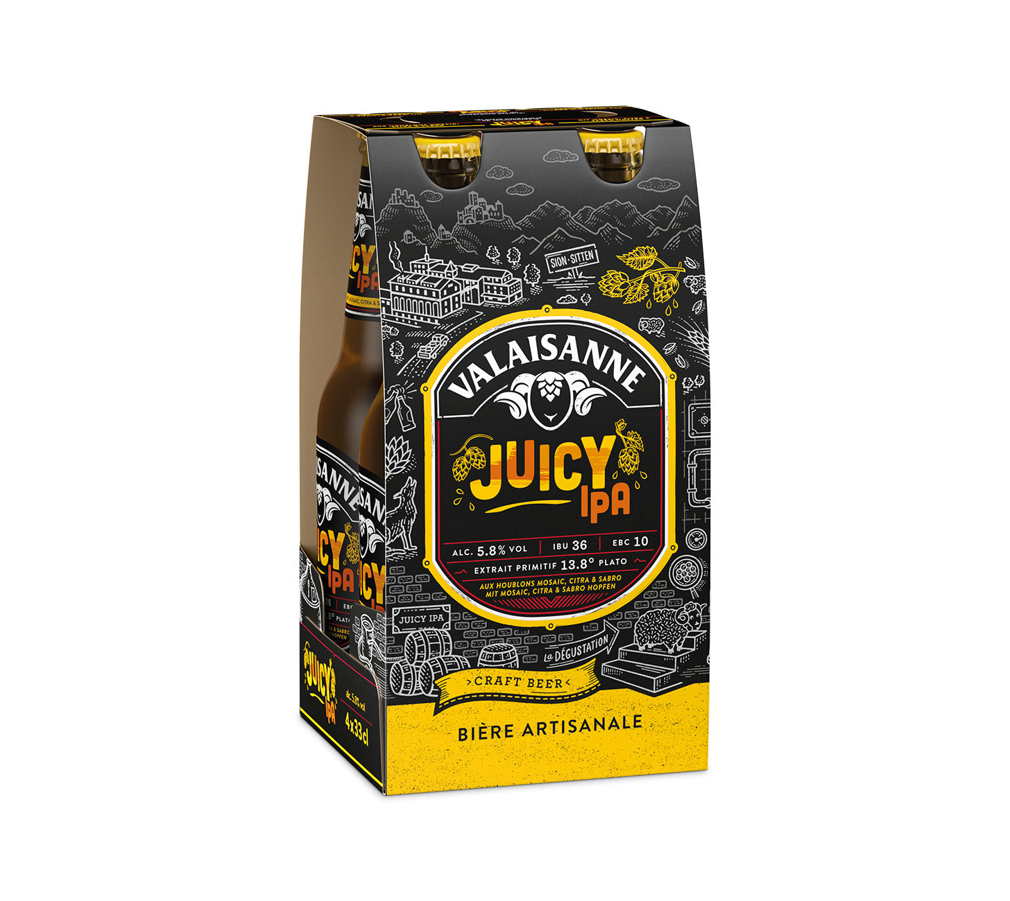 DE: Valaisanne Juicy IPA Bier 33cl 4-Pack – fruchtiges IPA mit tropischen Aromen und feiner Hopfenbittere im praktischen 4er-Pack.
FR: Valaisanne Juicy IPA Bière 33cl 4-Pack – bière IPA fruitée aux aromes tropicaux et a l’amertume delicate, en pack pratique de 4.
IT: Valaisanne Juicy IPA Birra 33cl 4-Pack – birra IPA fruttata con aromi tropicali e un delicato tocco di luppolo, nel pratico pacco da 4.