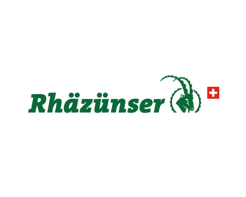 Rhäzünser Mineralwasser, rein, natürlich, aus den Bündner Bergen, Schweizer Wasserqualität, Logo vor neutralem Hintergrund.