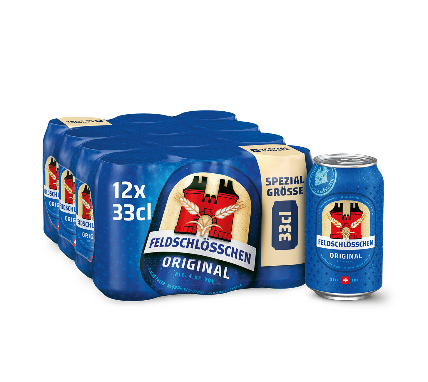 Deutsch:
Feldschlösschen Original Bier, 12er-Pack Dosen à 33 cl, Spezialgrösse, helles Lagerbier mit 4,8 % Vol.
Französisch:
Bière Feldschlösschen Original, pack de 12 canettes de 33 cl, format spécial, lager blonde à 4,8 % vol.
Italienisch:
Birra Feldschlösschen Original, confezione da 12 lattine da 33 cl, formato speciale, lager chiara con 4,8 % vol.