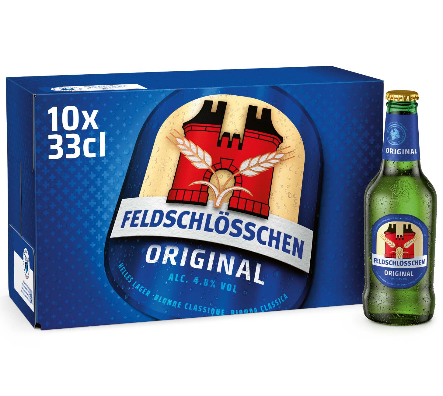 Feldschloesschen Original Harasse 10x33cl – Schweizer Lagerbier, Feldschloesschen Original, Bier Harasse, frisches Bier, vor neutralem Hintergrund