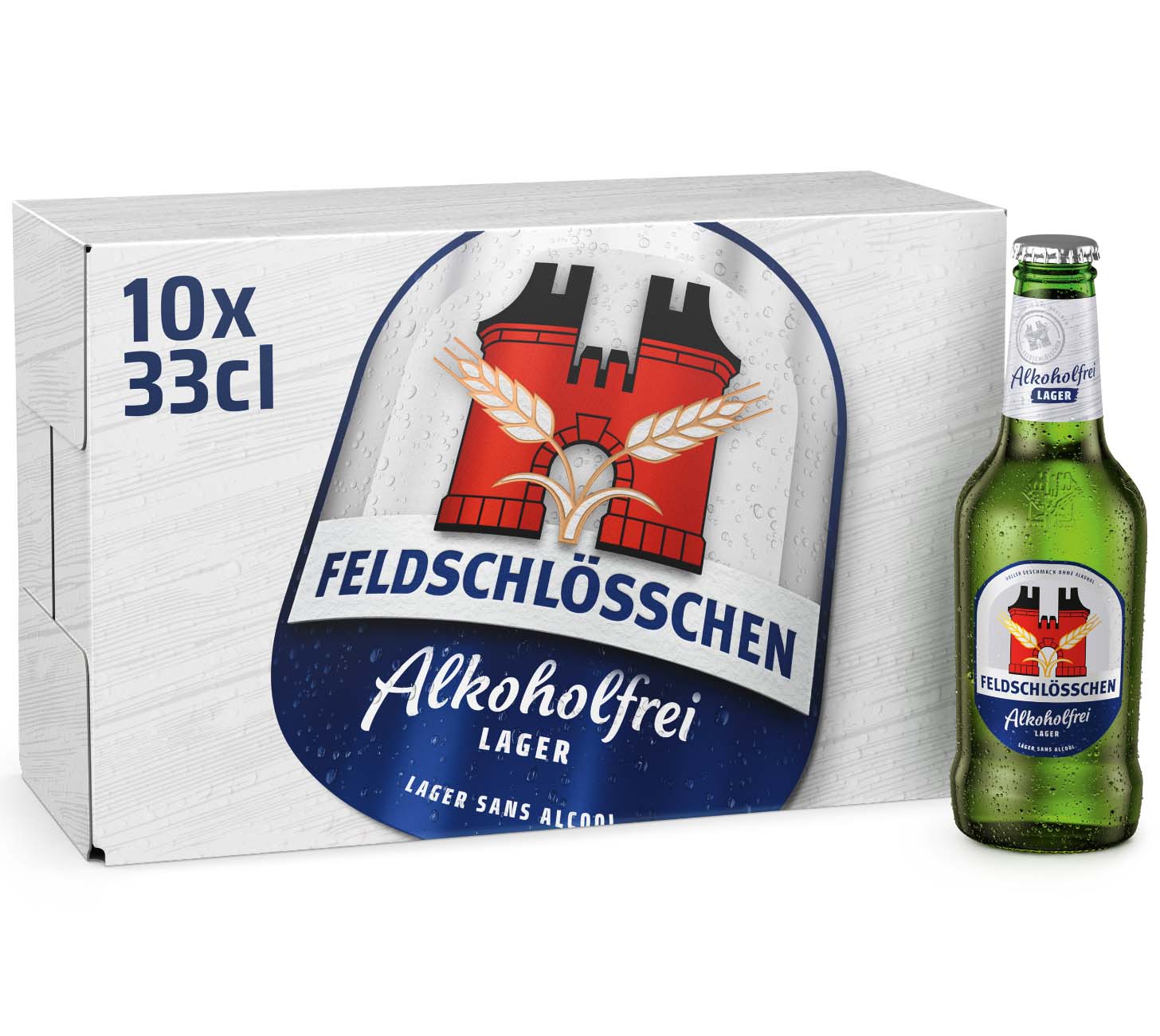 DE: Feldschloesschen Alkoholfrei Lager – alkoholfreies Bier, 10x33 cl Flaschen Pack
FR: Feldschloesschen Sans Alcool Lager – biere sans alcool, pack de 10x33 cl bouteilles
IT: Feldschloesschen Analcolico Lager – birra analcolica, confezione da 10x33 cl bottiglie