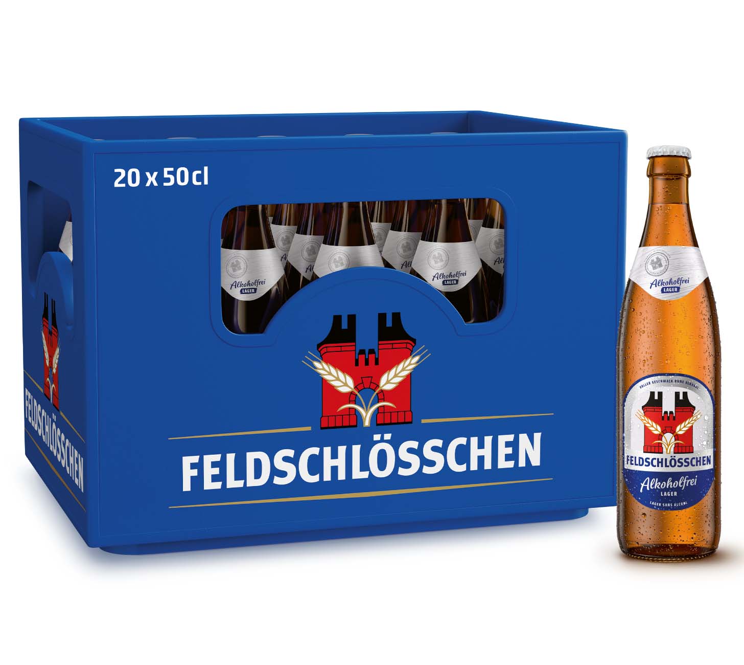 DE: Feldschloesschen Alkoholfrei Lager – alkoholfreies Bier, 20x50 cl Harasse
FR: Feldschloesschen Lager sans alcool – biere sans alcool, casier 20x50 cl
IT: Feldschloesschen Lager analcolica – birra analcolica, cassa 20x50 cl
