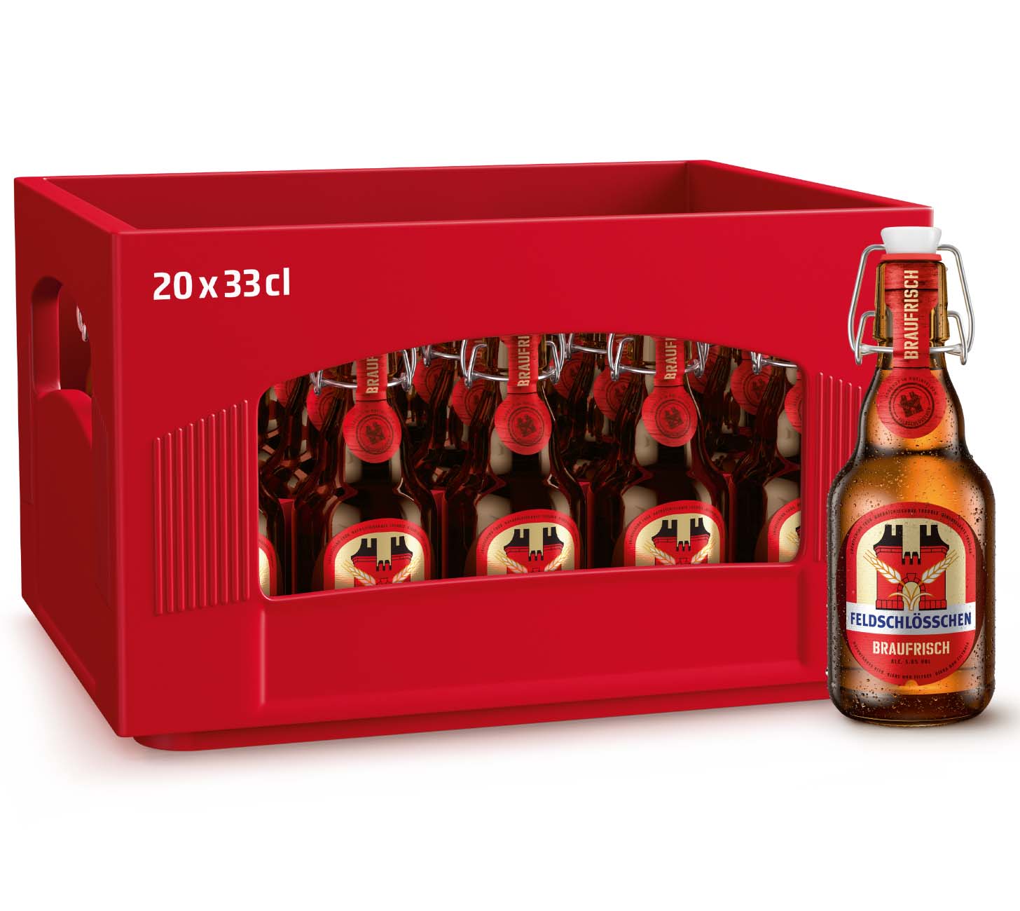 DE: Feldschloesschen Braufrisch Buegel Bier – Kellerbier, 20x33 cl Harasse
FR: Feldschloesschen Braufrisch Biere – biere de cave, caisse 20x33 cl bouteilles a mecanisme
IT: Feldschloesschen Braufrisch Birra – birra di cantina, cassa 20x33 cl bottiglie con tappo meccanico