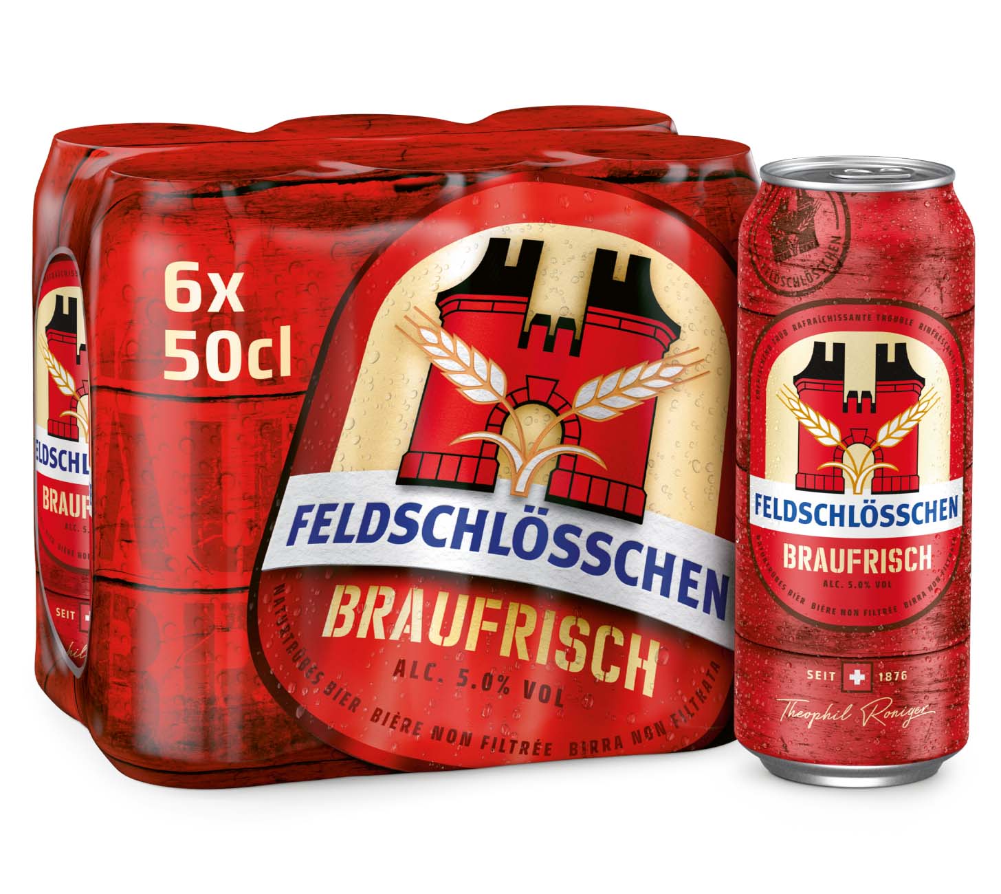 Feldschloesschen Braufrisch Bier 6x50cl Dose, naturtrübes Bier mit 5 Prozent Alkohol, Schweizer Bier unfiltriert, Bierdose Multipack vor neutralem Hintergrund