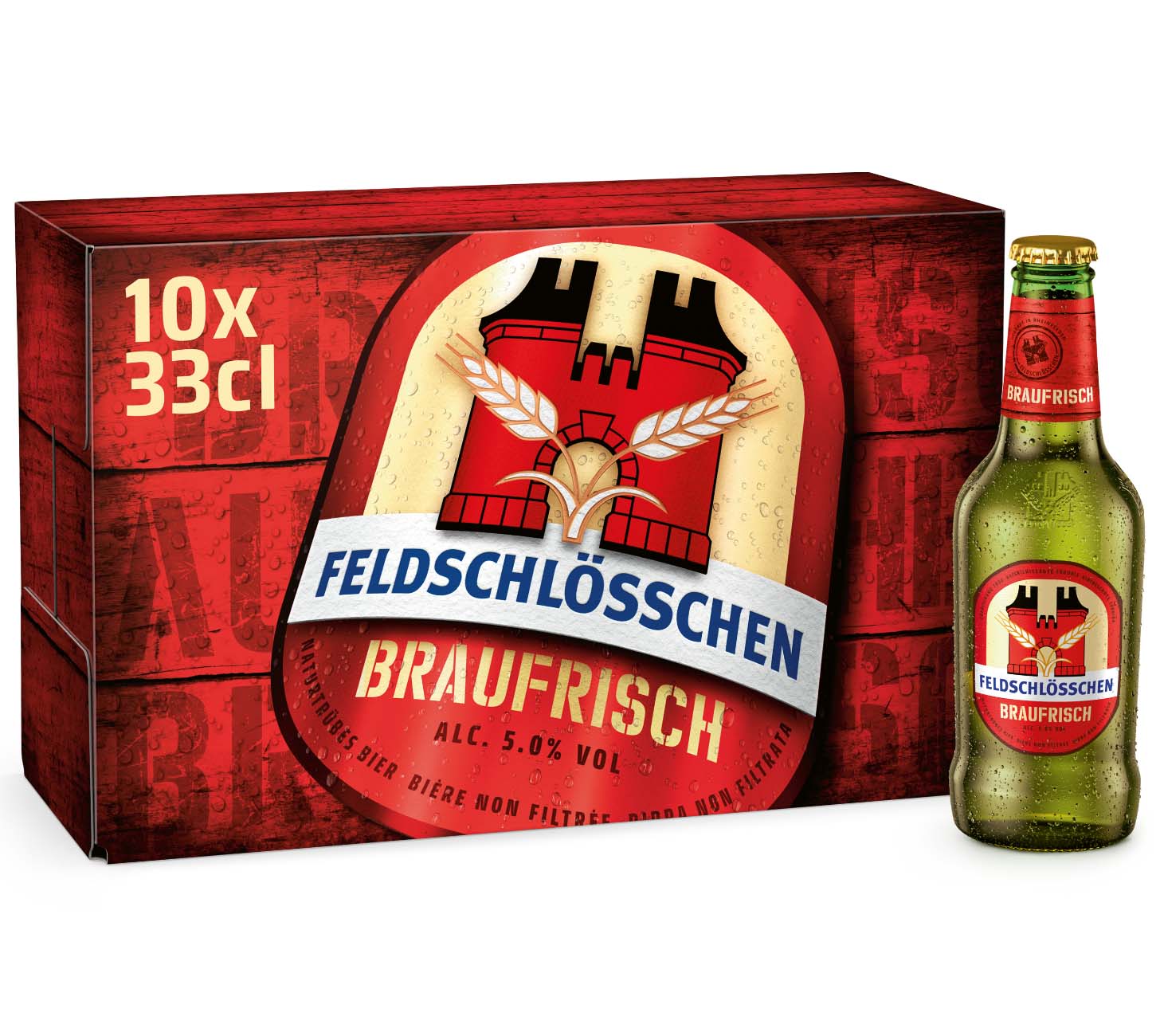 Feldschloesschen Braufrisch naturtrübes Bier 10x33cl Pack mit Glasflasche, erfrischendes unfiltriertes Schweizer Bier, Premium Lager, Bier vor neutralem Hintergrund