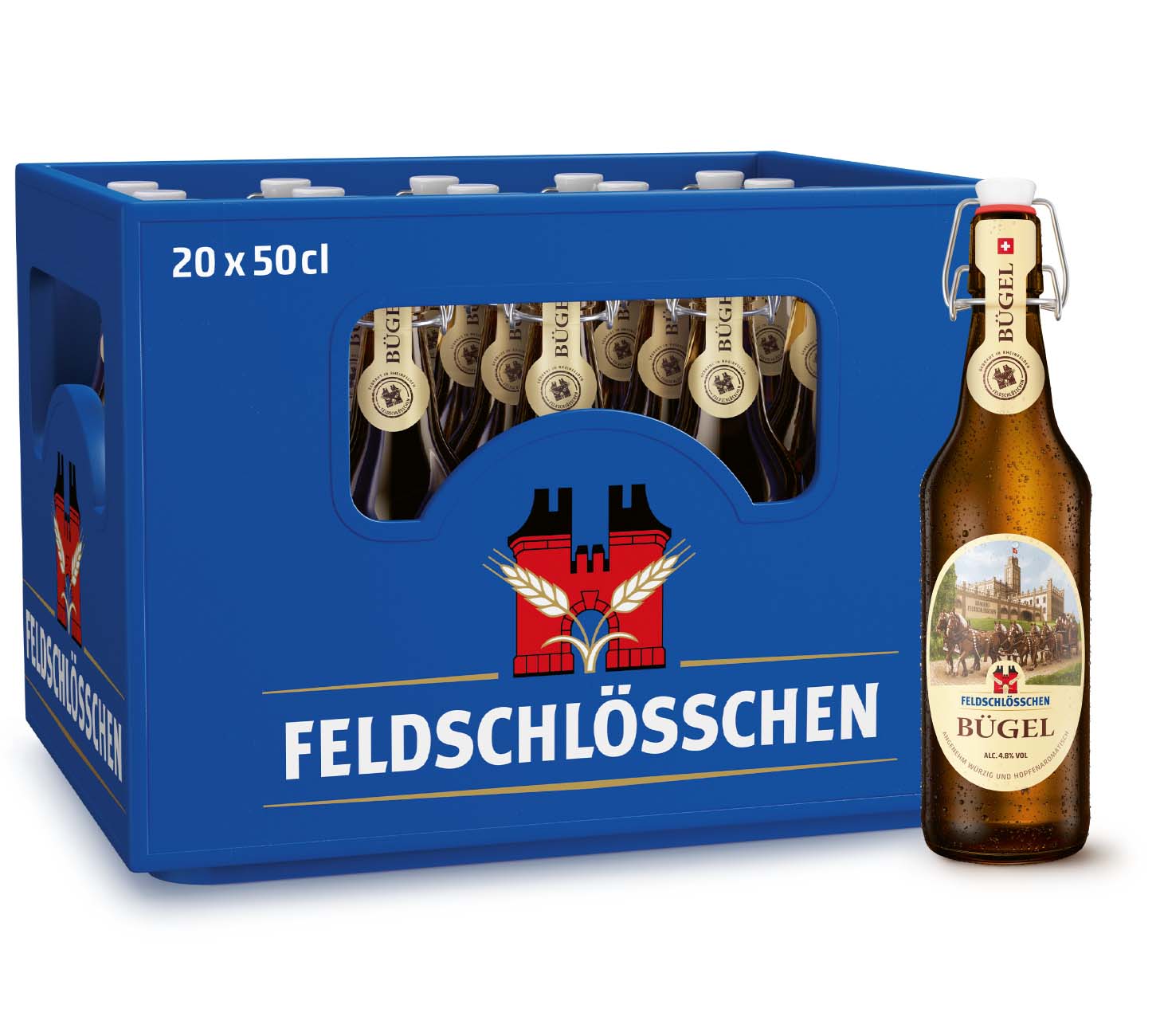 DE: Feldschloesschen Buegel Bier – Schweizer Bier, 20x50 cl Harasse
FR: Feldschloesschen Buegel Biere – biere suisse, caisse 20x50 cl bouteilles a mecanisme
IT: Feldschloesschen Buegel Birra – birra svizzera, cassa 20x50 cl bottiglie con tappo meccanico