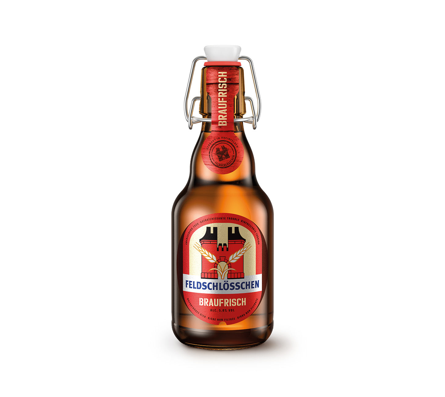 DE: Feldschlösschen Braufrisch 33 cl – naturtrübes, erfrischendes Schweizer Bier in Bügelflasche, vor neutralem Hintergrund.
FR: Feldschlösschen Braufrisch 33 cl – bière suisse non filtrée et rafraîchissante en bouteille à fermeture mécanique, sur fond neutre.
IT: Feldschlösschen Braufrisch 33 cl – birra svizzera non filtrata e rinfrescante in bottiglia con tappo meccanico, su sfondo neutro.