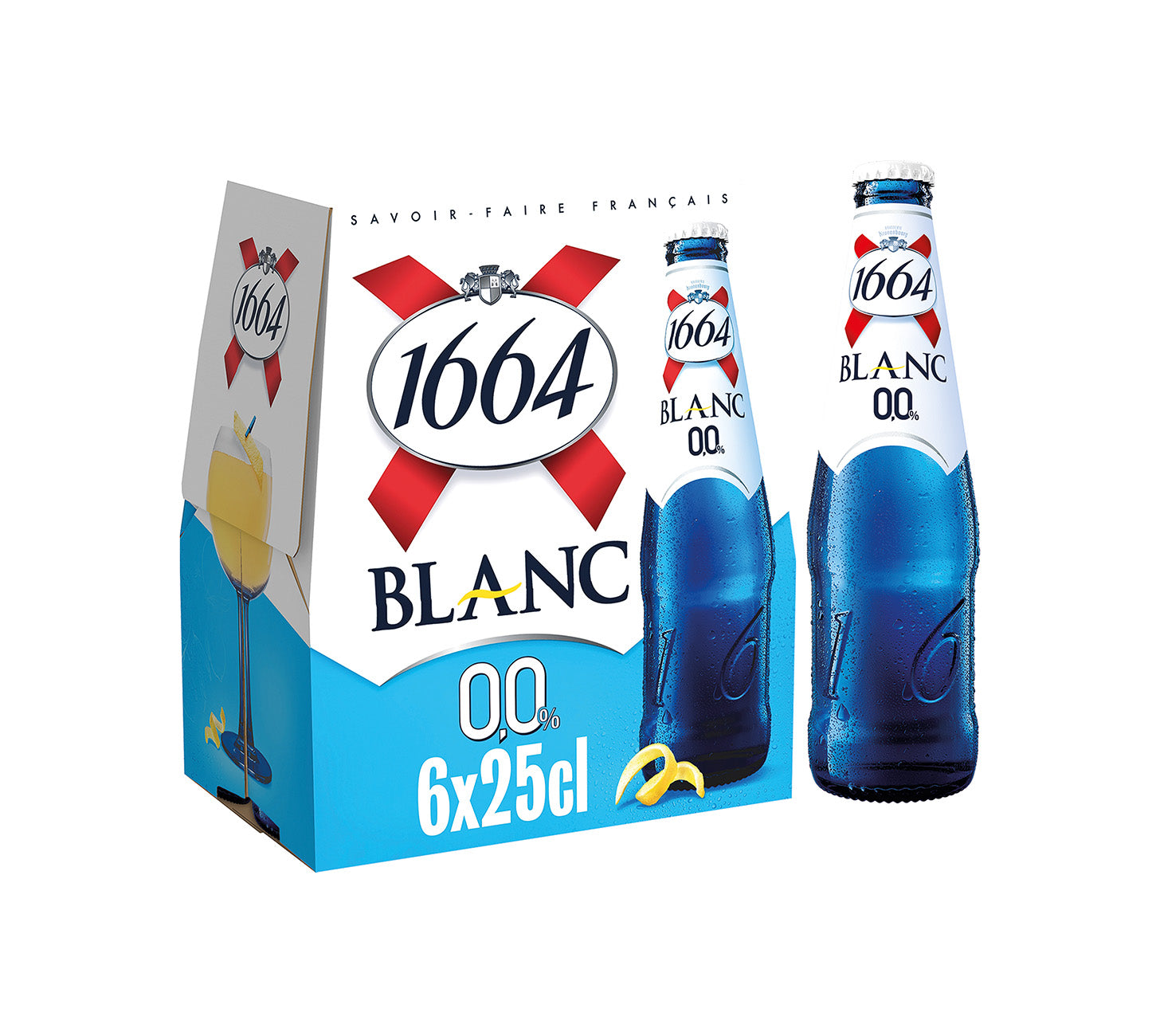 1664 Blanc 0.0% alkoholfreies Weizenbier, Premiumbier aus Frankreich, prickelnd, fruchtige Zitrusnoten, exotische Aromen, erfrischend und elegant. Edles Flaschendesign vor neutralem Hintergrund.