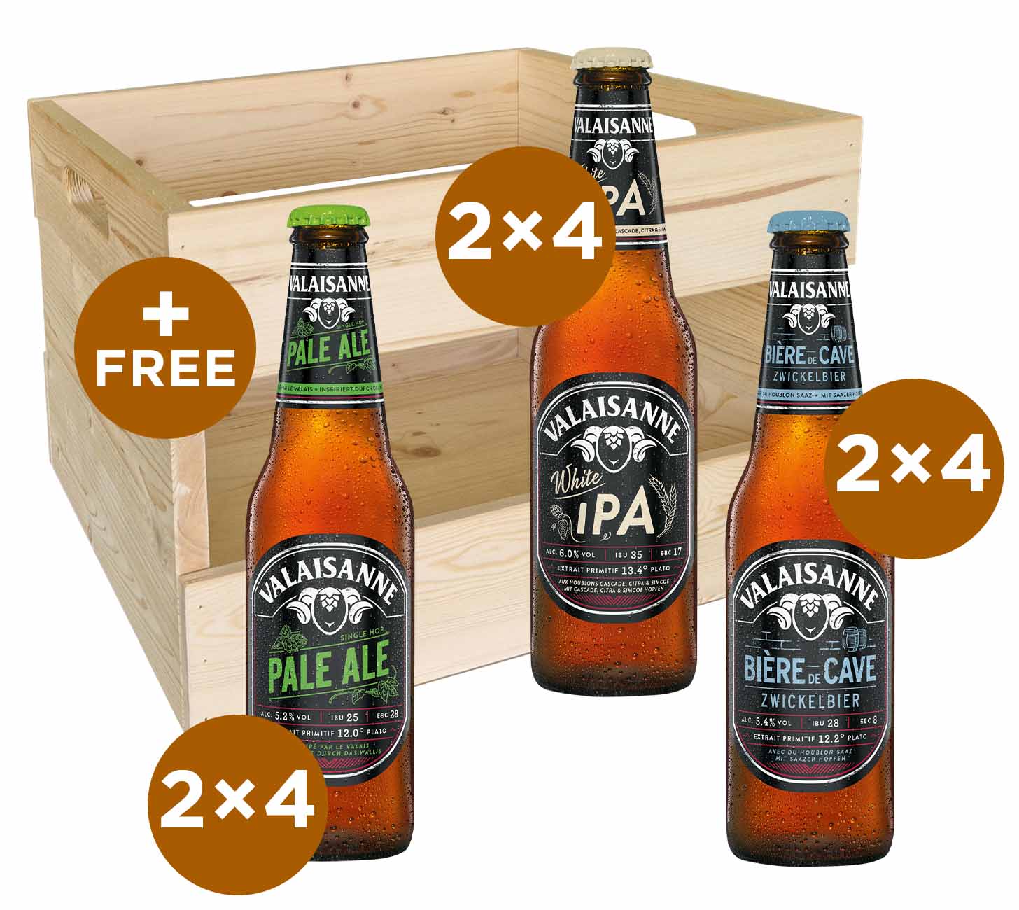 DE: Valaisanne Degustations-Box in Holzharasse – 24×33cl Biermix mit Pale Ale, White IPA und Bière de Cave.
FR: Coffret Degustation Valaisanne en Caisse en Bois – assortiment de 24×33cl avec Pale Ale, White IPA et Biere de Cave.
IT: Confezione Degustazione Valaisanne in Cassa di Legno – mix di 24×33cl con Pale Ale, White IPA e Biere de Cave.