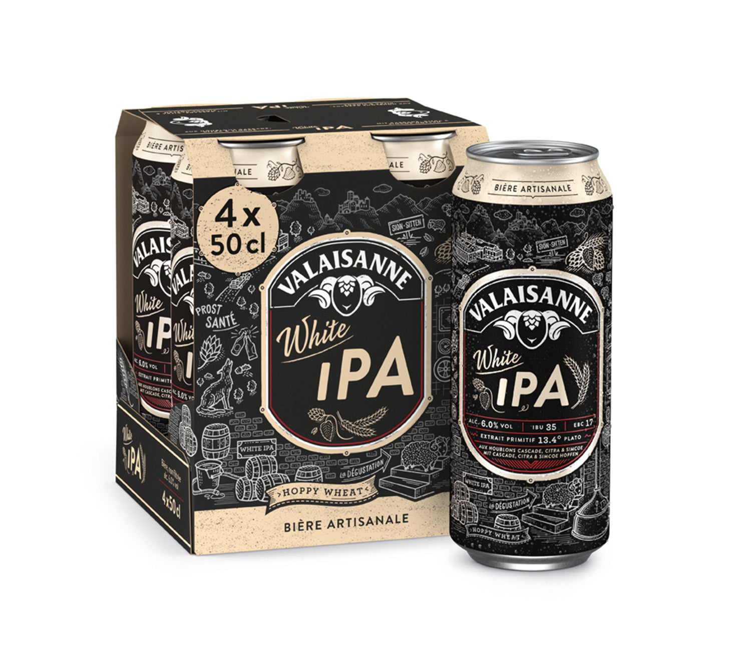 DE: Valaisanne White IPA Bier 50cl 4-Pack – aromatisches White IPA mit fruchtigen Zitrusnoten und Hopfenaromen im praktischen 4er-Pack. Keywords: valaisanne, white ipa, bier, feldschloesschen-getraenkeshop
FR: Valaisanne White IPA Bière 50cl 4-Pack – biere IPA blanche aromatique aux notes d’agrumes et de houblon, en pratique pack de 4. Keywords: valaisanne, white ipa, biere, feldschloesschen-getraenkeshop
IT: Valaisanne White IPA Birra 50cl 4-Pack – birra white ipa aromatica con note di agrumi e luppolo,