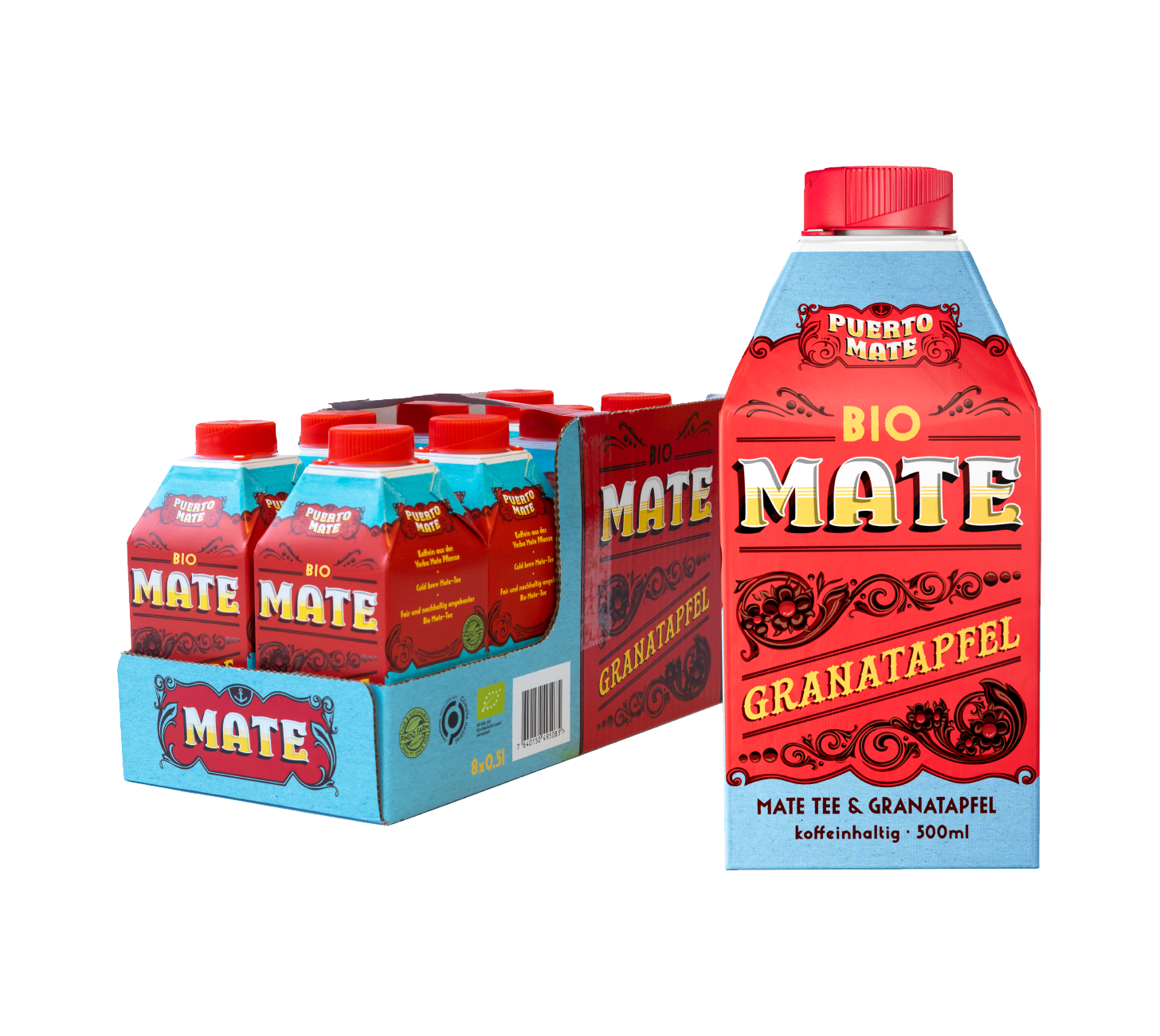 PUERTO MATE® Bio – Boisson gazeuse maté et grenade 50 cl, pack de 8
