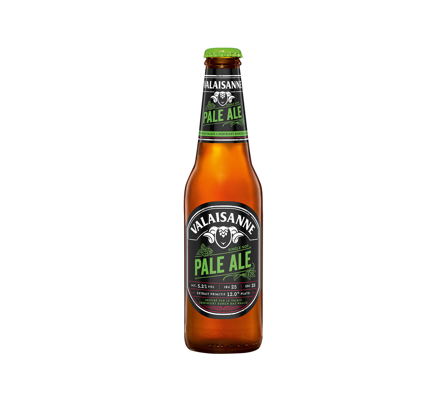 DE:Valaisanne Pale Ale Bier 33cl Einzelflasche – aromatisches Bier mit fruchtigen Noten und kräftigem Hopfen, vor neutralem Hintergrund. FR:Valaisanne Pale Ale Bière 33cl – bière aromatique avec notes fruitées et houblon puissant, devant un fond neutre. IT:Valaisanne Pale Ale Birra 33cl – birra aromatica con note fruttate e luppolo intenso, su sfondo neutro.