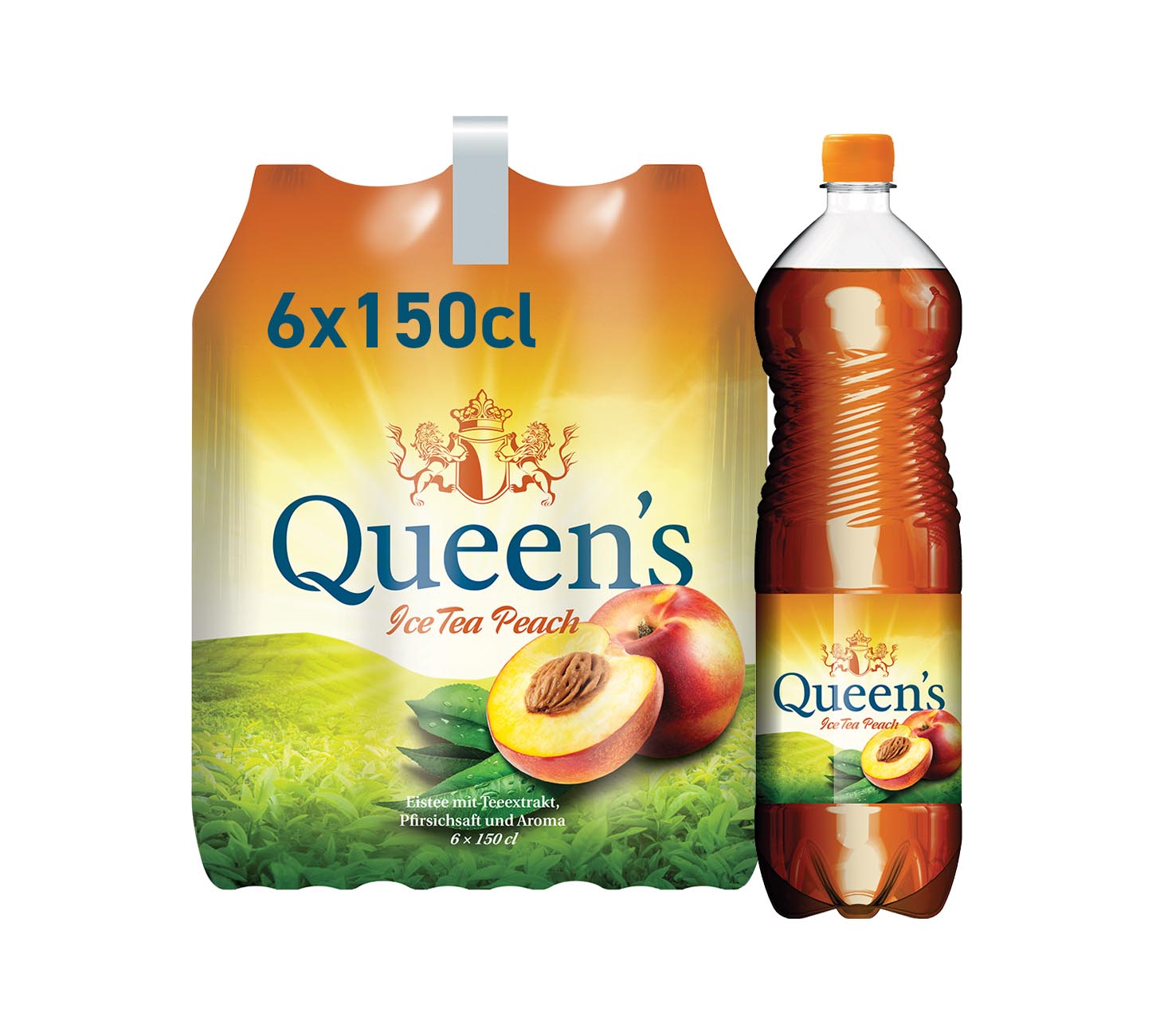 DE: Queen's Ice Tea Peach Eistee 150cl MHI, erfrischender Pfirsich-Eistee, handliche PET-Flaschen im praktischen Pack, vor weissem Hintergrund.
FR: Queen's Ice Tea Peach thé glacé 150cl MHI, thé glacé à la pêche rafraîchissant, bouteilles PET pratiques en pack sur fond blanc.
IT: Queen's Ice Tea Peach tè freddo 150cl MHI, tè freddo alla pesca rinfrescante, bottiglie PET maneggevoli in pack su sfondo bianco.
Keywords: queens ice tea peach, eistee pfirsich, the glace peche, te freddo pesca,