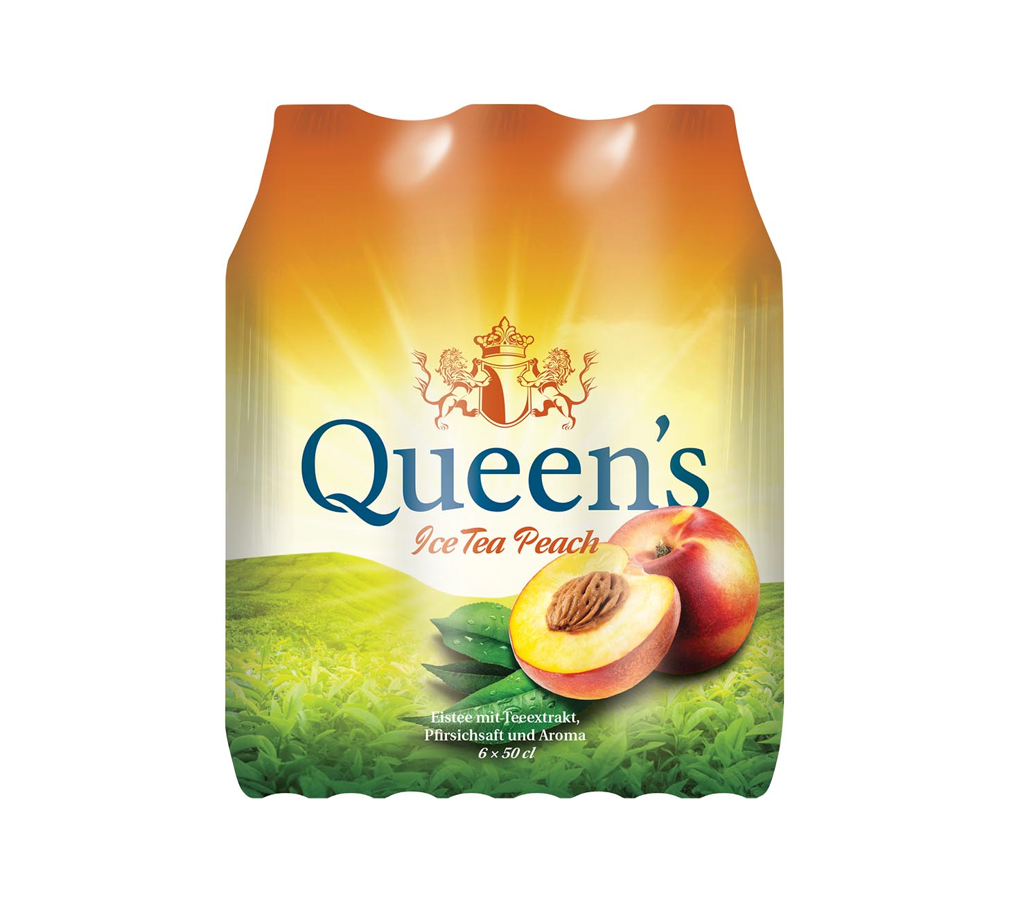 DE: Queen's Ice Tea Peach Eistee 50cl Pack, erfrischender Pfirsich-Eistee, handliche PET-Flaschen im praktischen Pack, vor weissem Hintergrund.
FR: Queen's Ice Tea Peach thé glacé 50cl pack, thé glacé à la pêche rafraîchissant, bouteilles PET pratiques en pack sur fond blanc.
IT: Queen's Ice Tea Peach tè freddo 50cl pack, tè freddo alla pesca rinfrescante, bottiglie PET maneggevoli in pack su sfondo bianco.
Keywords: queens ice tea peach, eistee zitrone, the glace citron, te freddo peach