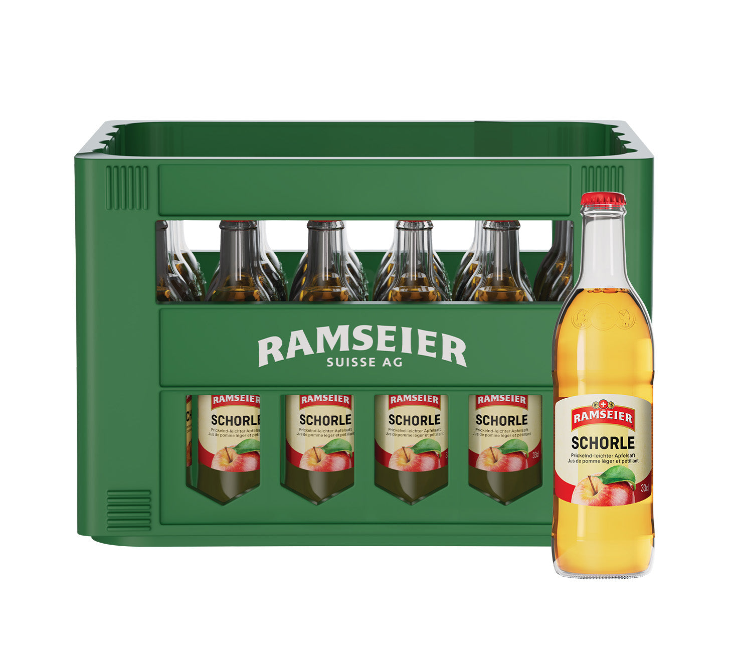 Ramseier Apfelschorle, Schweizer Fruchtschorle, erfrischend, ohne Zuckerzusatz, 33cl Flasche im 24-Harasse, vor neutralem Hintergrund.