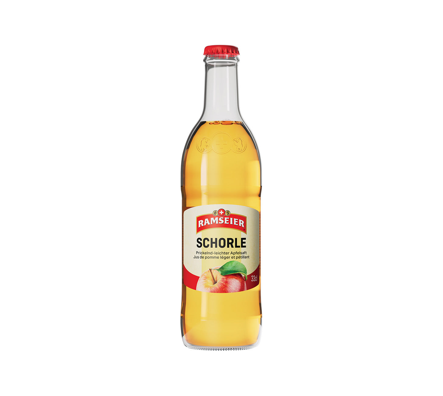 Ramseier Apfelschorle, Schweizer Fruchtschorle, erfrischend, ohne Zuckerzusatz, 33cl Flasche im 24-Harasse, vor neutralem Hintergrund.