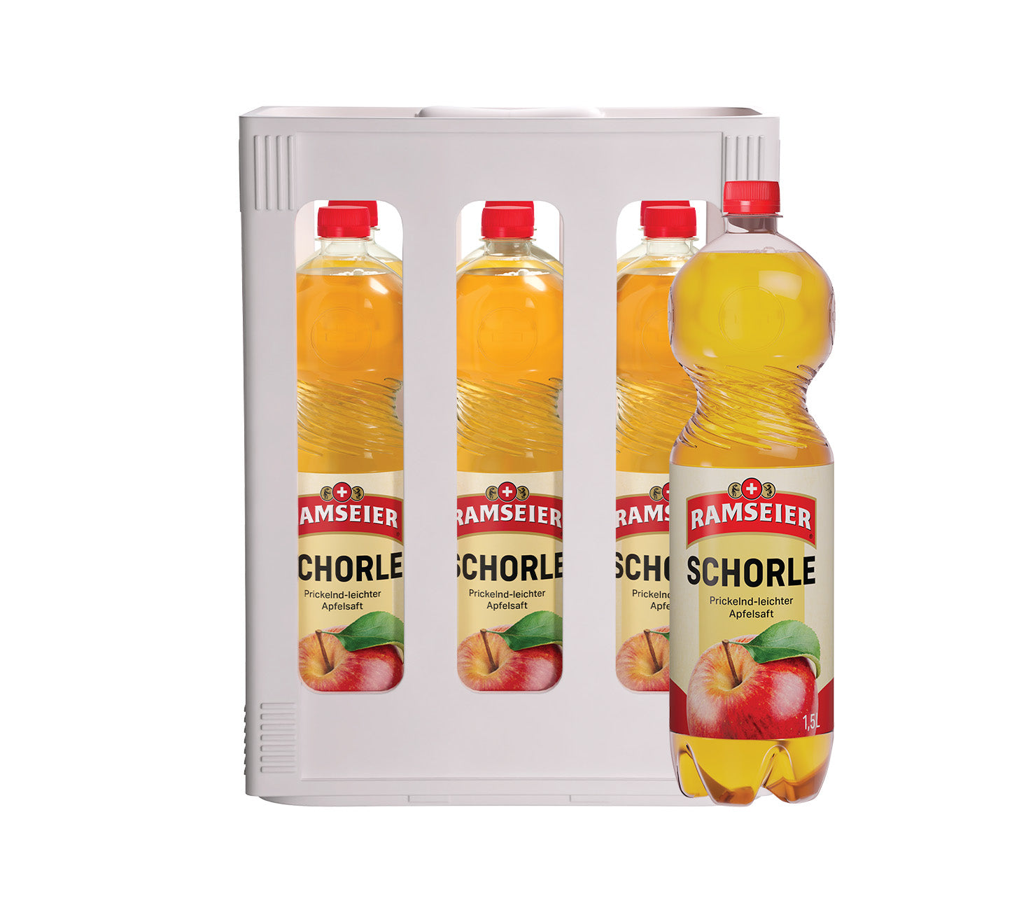 Ramseier Apfelschorle, Schweizer Fruchtschorle, ohne Zuckerzusatz, erfrischend, prickelnd, 150cl Flasche im 6-Harasse, vor neutralem Hintergrund.