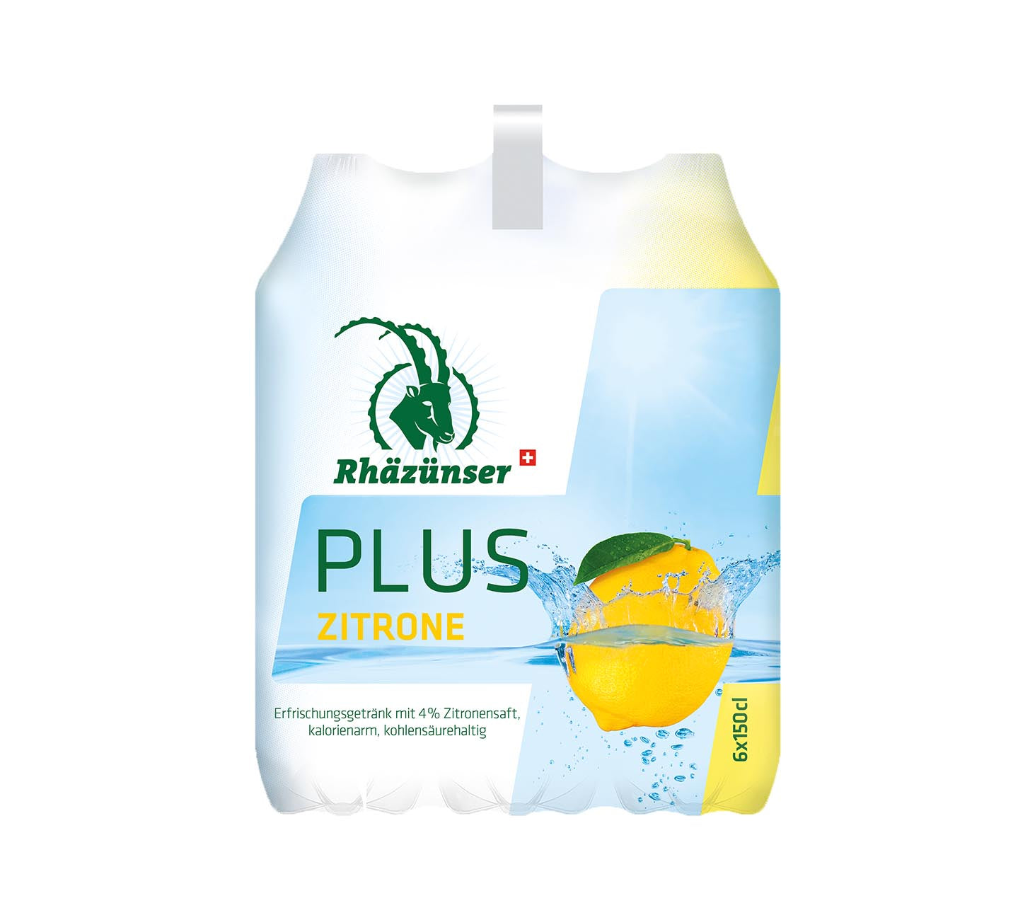 DE: Rhäzünser Plus Zitrone 150cl 6-Pack – erfrischendes Zitronen-Erfrischungsgetränk mit Kohlensäure in PET-Flaschen, vor neutralem Hintergrund.
FR: Rhäzünser Plus Citron 150cl 6-Pack – boisson rafraîchissante au citron avec gaz en bouteilles PET, sur fond neutre.
IT: Rhäzünser Plus Limone 150cl 6-Pack – bevanda rinfrescante al limone con anidride carbonica in bottiglie PET, su sfondo neutro.