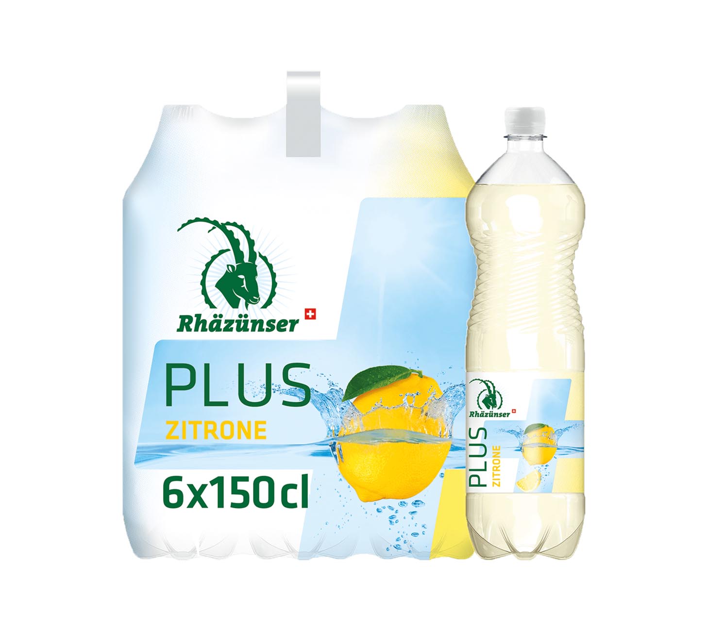 DE: Rhäzünser Plus Zitrone 150cl 6-Pack – erfrischendes Zitronen-Erfrischungsgetränk mit Kohlensäure in PET-Flaschen (MHI), Mehrwegkiste, vor neutralem Hintergrund.
FR: Rhäzünser Plus Citron 150cl 6-Pack – boisson rafraîchissante au citron avec gaz en bouteilles PET (MHI), casier réutilisable, sur fond neutre.
IT: Rhäzünser Plus Limone 150cl 6-Pack – bevanda rinfrescante al limone con anidride carbonica in bottiglie PET (MHI), cassetta a rendere, su sfondo neutro.