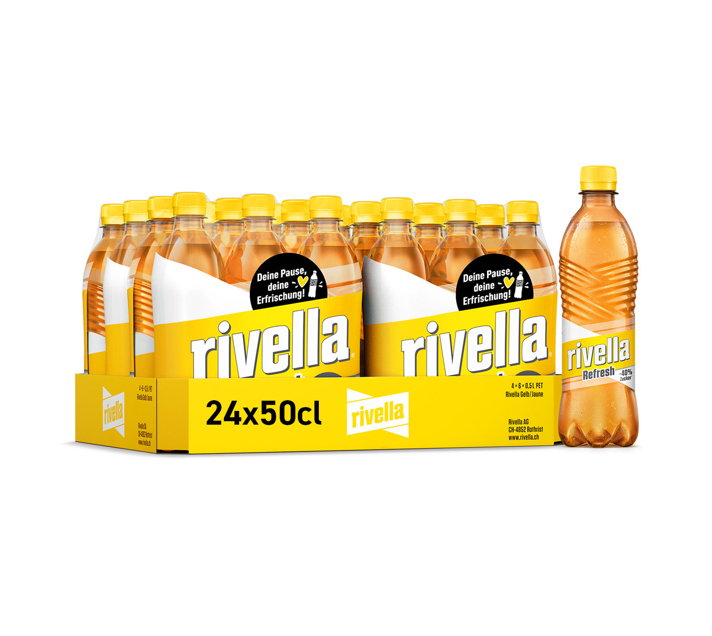 DE: Rivella Gelb Softdrink 24×50cl MHI – ohne Zucker, kalorienarmes Schweizer Kultgetränk, 6er-PET-Pack mit gelber Banderole auf weissem Hintergrund.
FR: Pack Rivella Gelb softdrink 24×50cl MHI – sans sucre, boisson culte suisse légère, pack PET 6×50cl à manchon jaune sur fond blanc.
IT: Confezione Rivella Gelb softdrink 24×50cl MHI – senza zucchero, bevanda cult svizzera leggera e a basso contenuto calorico.