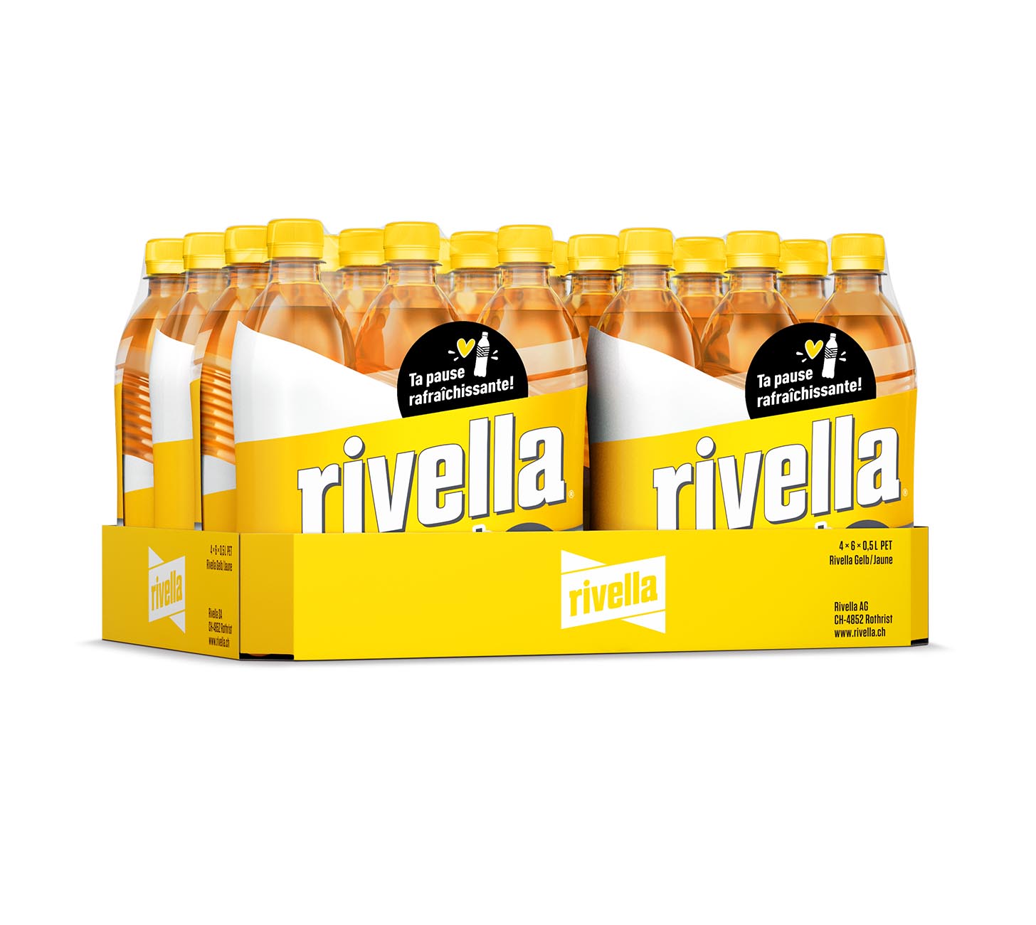 FR: Pack rivella Gelb Softdrink 24x50cl sans sucre, boisson culte suisse légère et pauvre en calories, visuel d’un pack de 6 bouteilles PET 50cl à manchon jaune sur fond blanc.
DE: rivella Gelb Softdrink 24x50cl Pack ohne Zucker, Schweizer Kultgetränk als leichte, kalorienarme Erfrischung, 6er-Pack 50cl PET-Flaschen mit gelber Banderole als Keyvisual auf weissem Hintergrund.
IT: Confezione rivella Gelb Softdrink 24x50cl senza zucchero, bevanda cult svizzera leggera e a basso contenuto calorico.