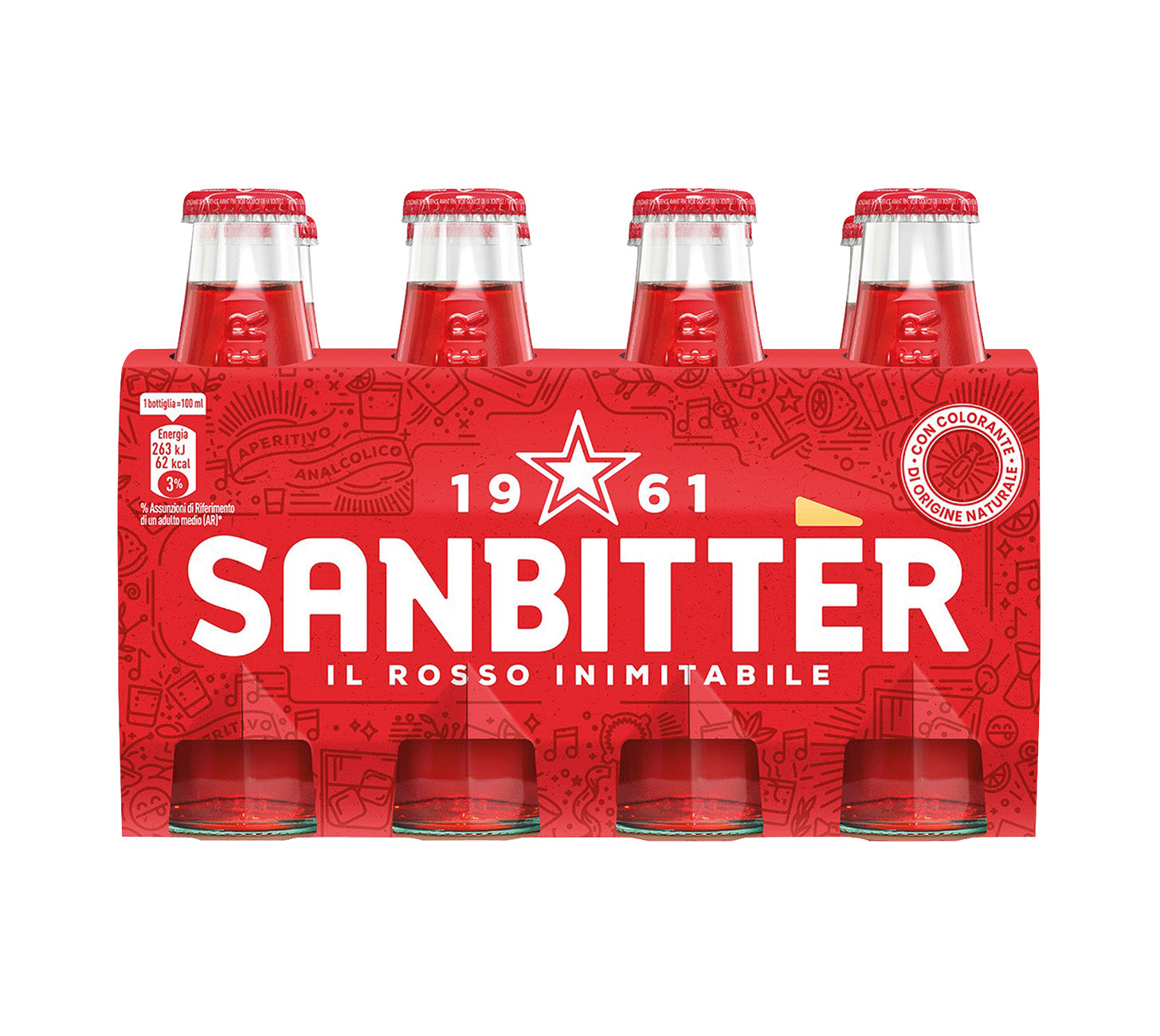 Deutsch:
Sanbittèr Il Rosso Inimitabile, 6er-Pack Glasflaschen, alkoholfreier Bitter-Aperitif mit natürlicher roter Farbe.
Französisch:
Sanbittèr Il Rosso Inimitabile, pack de 6 bouteilles en verre, apéritif amer sans alcool à la couleur rouge naturelle.
Italienisch:
Sanbittèr Il Rosso Inimitabile, confezione da 6 bottiglie in vetro, aperitivo amaro analcolico dal colore rosso