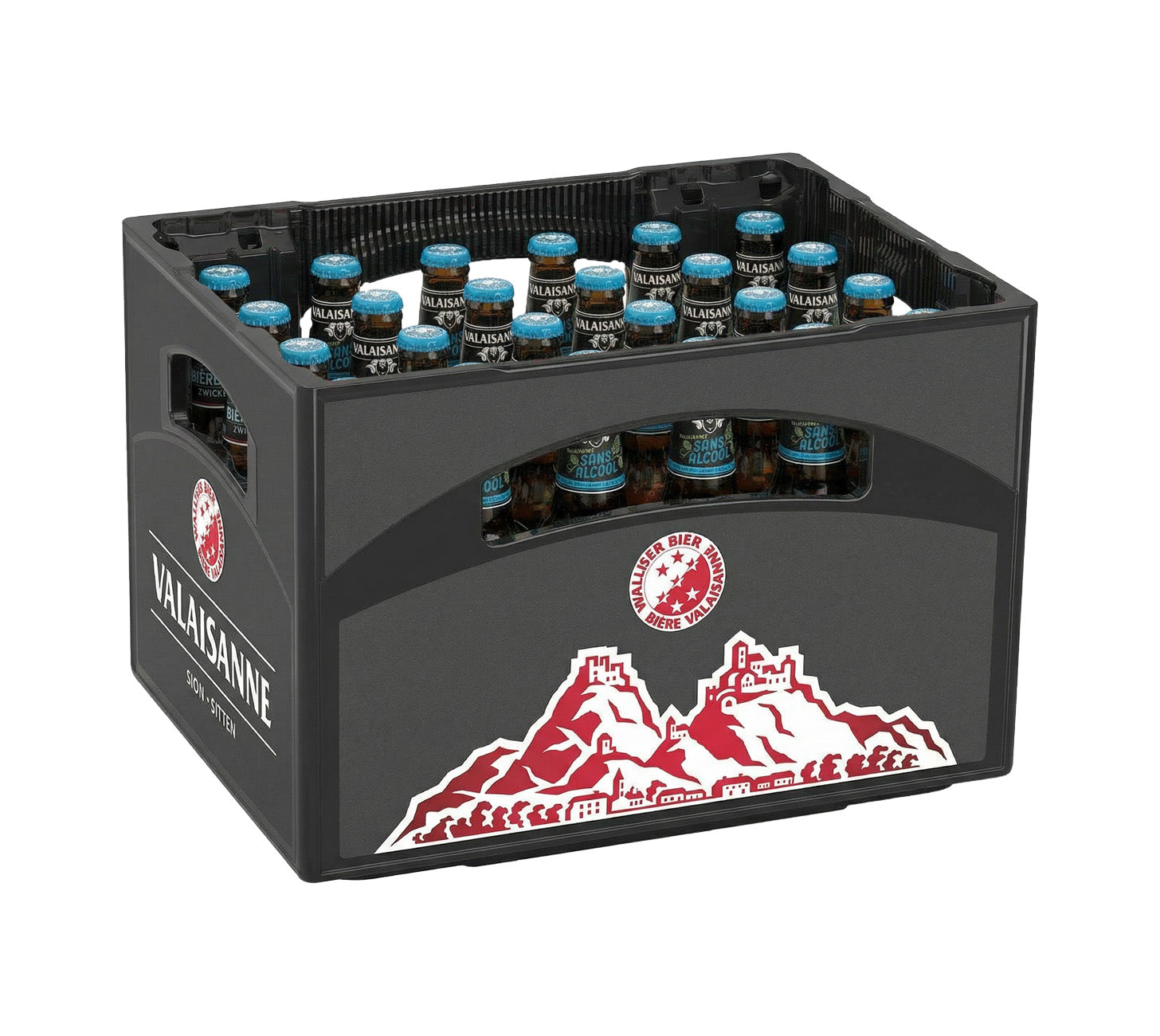 DE: Valaisanne Sans Alcool Bier Harasse 24×33cl – alkoholfreies Bier aus der Schweiz mit ausgewogenem Geschmack, geliefert in klassischer schwarzer Mehrweg-Harasse.
FR: Valaisanne Sans Alcool biere Harasse 24×33cl – biere sans alcool suisse, equilibree et rafraichissante, en caisse reutilisable noire.
IT: Valaisanne Sans Alcool birra Harasse 24×33cl – birra analcolica svizzera, fresca e bilanciata, in tradizionale cassa nera a rendere.