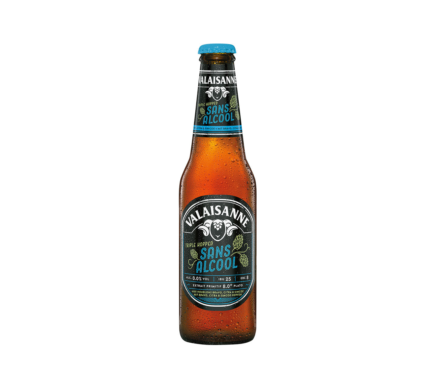 DE: Valaisanne Sans Alcool Bier 33cl – alkoholfreies Bier mit aromatischer Frische, vor neutralem Hintergrund.
FR: Valaisanne Sans Alcool Bière 33cl – bière sans alcool au goût aromatique et rafraîchissant, sur fond neutre.
IT: Valaisanne Sans Alcool Birra 33cl – birra analcolica dal profilo aromatico e rinfrescante, su sfondo neutro.