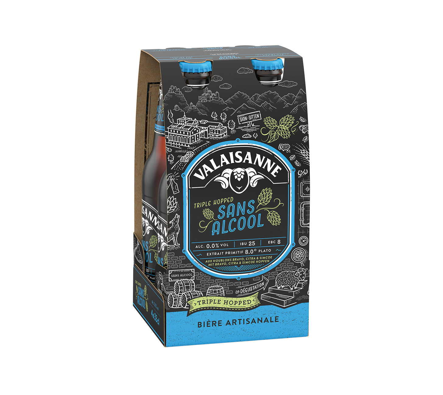 DE: Valaisanne Sans Alcool Bier 33cl 4-Pack – alkoholfreies Bier mit vollem Geschmack und erfrischender Leichtigkeit im 4er-Pack.
FR: Valaisanne Sans Alcool Bière 33cl 4-Pack – bière sans alcool au gout authentique et a la fraicheur legere, en pack de 4.
IT: Valaisanne Sans Alcool Birra 33cl 4-Pack – birra analcolica dal gusto pieno e dalla freschezza leggera, nel pratico pacco da.