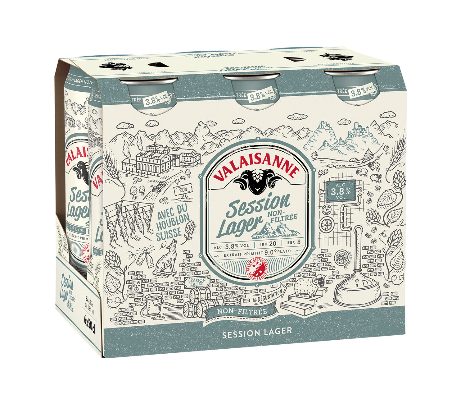 DE: Valaisanne Session Lager Bier 50cl 6-Pack – leichtes, unfiltriertes Bier mit 3,8% Alkohol in praktischen Dosen, perfekt fuer Grillabende und Alltag.
FR: Valaisanne Session Lager Bière 50cl 6-Pack – bière legere non-filtrée a 3,8% en canettes pratiques, ideale pour barbecue et moments conviviaux.
IT: Valaisanne Session Lager Birra 50cl 6-Pack – birra chiara leggera e non filtrata con 3,8% di alcol, in pratiche lattine, ideale per grigliate e momenti quotidiani.