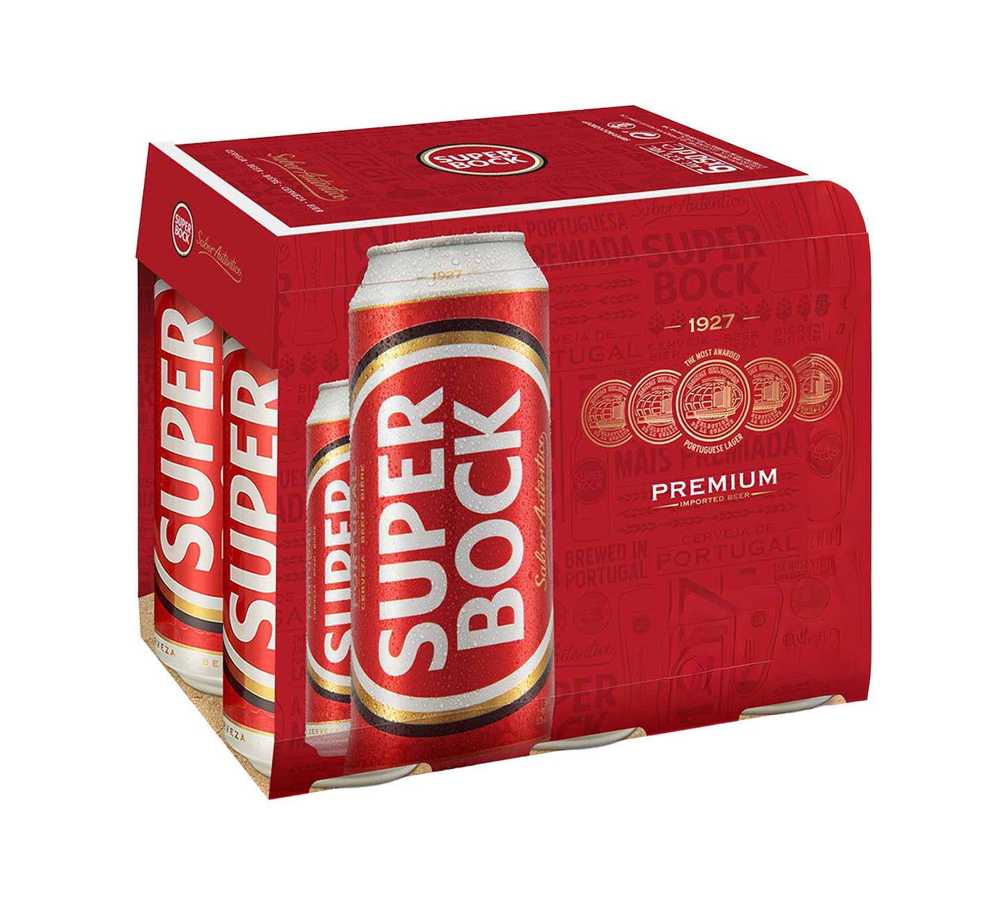 DE: Super Bock Lager Bier 50cl 6 Pack, rote Kartonverpackung mit sechs Dosen Super Bock vor weissem Hintergrund, portugiesisches Lagerbier.
FR: Super Bock Lager Biere 50cl 6 Pack, emballage carton rouge contenant six canettes Super Bock sur fond blanc, biere portugaise.
IT: Super Bock Lager Birra 50cl 6 Pack, confezione in cartone rosso con sei lattine Super Bock su sfondo bianco, birra portoghese.