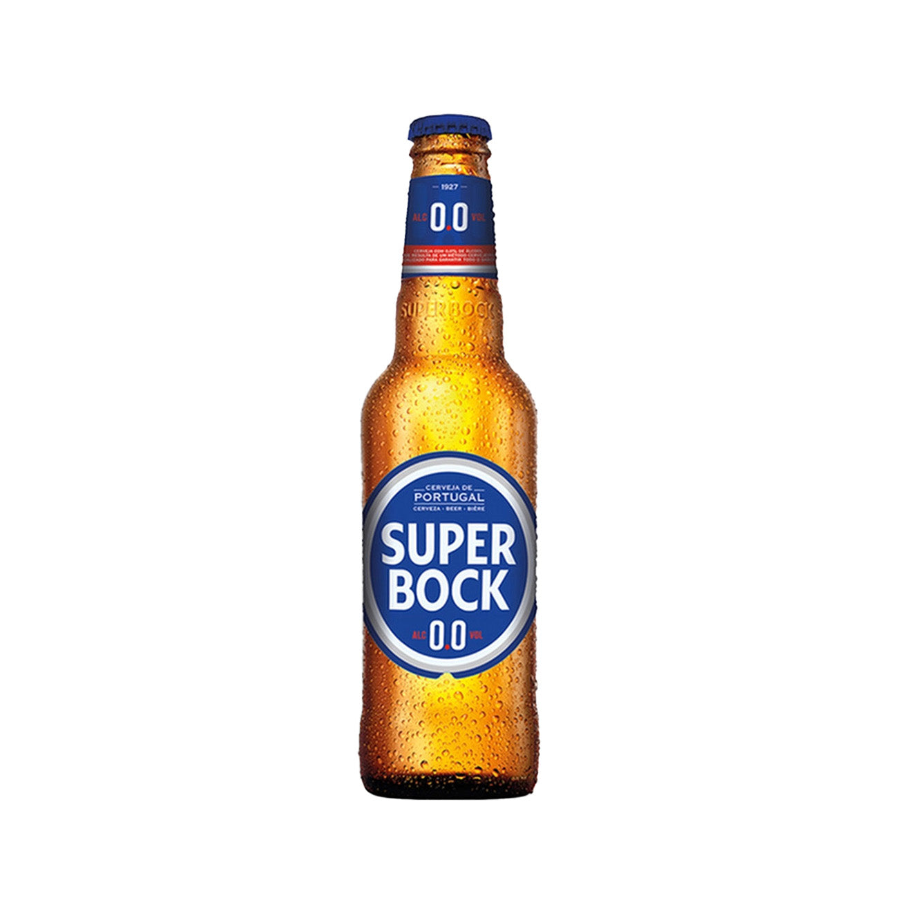 DE: Super Bock 0.0% Alkoholfrei 33cl – einzelne Glasflasche alkoholfreies portugiesisches Bier mit blauem Etikett, freigestellt vor weissem Hintergrund.
FR: Super Bock 0.0% sans alcool 33cl – bouteille individuelle de bière portugaise sans alcool avec étiquette bleue, isolée sur fond blanc.
IT: Super Bock 0.0% analcolica 33cl – bottiglia singola di birra portoghese analcolica con etichetta blu, su sfondo bianco.