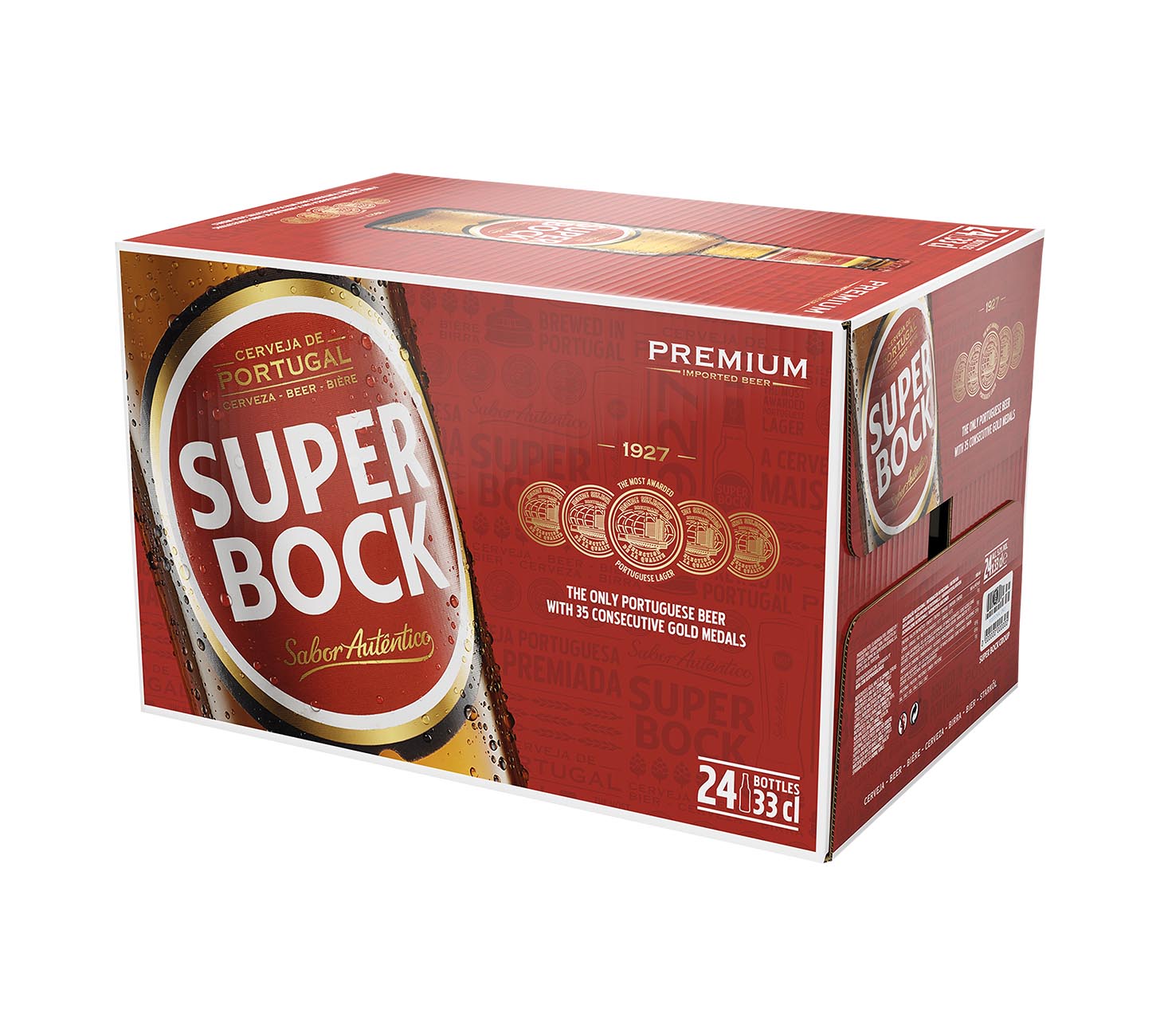 DE: Super Bock Lager Bier 33cl 24-Pack als Packshot mit roter Kartonverpackung vor weissem Hintergrund, klassisches portugiesisches Lagerbier mit mildem, erfrischendem Charakter für gesellige Runden.
FR: Super Bock Lager Biere 33cl 24-Pack en packshot avec carton rouge sur fond blanc, bière portugaise traditionnelle au profil doux et rafraîchissant, parfaite pour les moments conviviaux.
IT:
Super Bock Lager Birra 33cl 24-Pack in packshot con confezione rossa su sfondo bianco, birra portoghese classica.