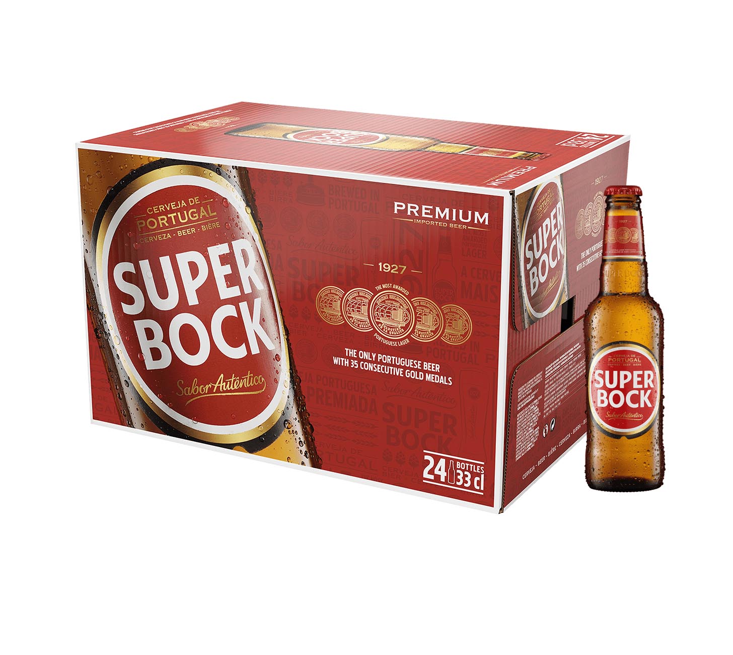 DE: Super Bock Lager Bier 33cl 24-Pack als MHI-Darstellung mit kompletter Verpackung und Flaschenübersicht vor weissem Hintergrund, portugiesisches Lagerbier.
FR: Super Bock Lager Biere 33cl 24-Pack en visuel MHI montrant l’emballage complet avec bouteilles sur fond blanc, bière portugaise.
IT: Super Bock Lager Birra 33cl 24-Pack in visualizzazione MHI con confezione completa e bottiglie su sfondo bianco, birra portoghese.