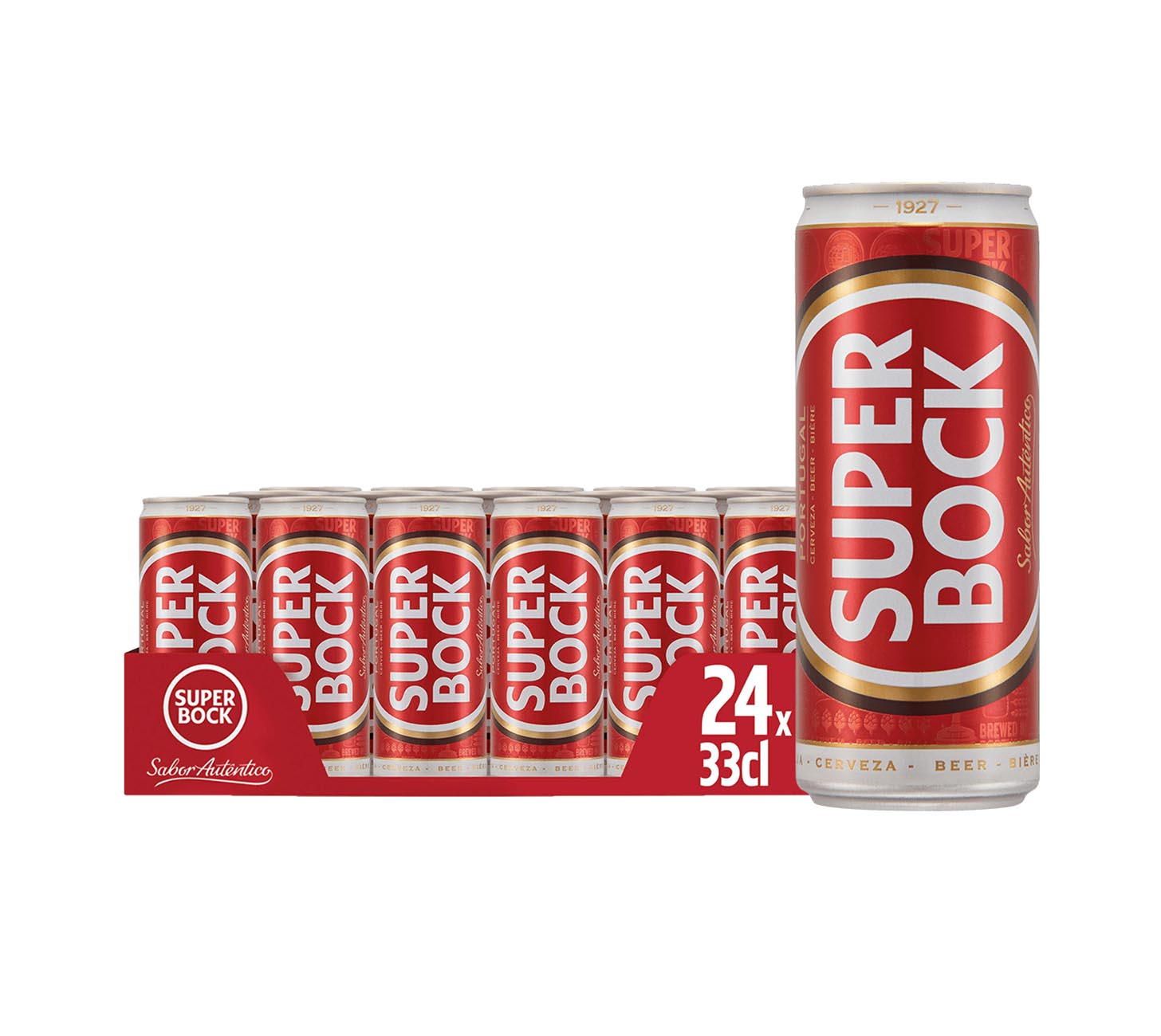 DE: Super Bock Lager Bier 24×33cl in MHI-Darstellung, portugiesisches Lagerbier mit roten Dosen im Tray und Einzeldose, mild, erfrischend und klassisch vor hellem Hintergrund.
FR: Super Bock Lager Biere 24×33cl en visuel MHI, biere portugaise en canettes rouges avec plateau et canette individuelle, douce et rafraichissante sur fond clair.
IT: Super Bock Lager Birra 24×33cl in visuale MHI, birra portoghese in lattine rosse con vassoio e lattina singola, fresca e leggera su sfondo chiaro.