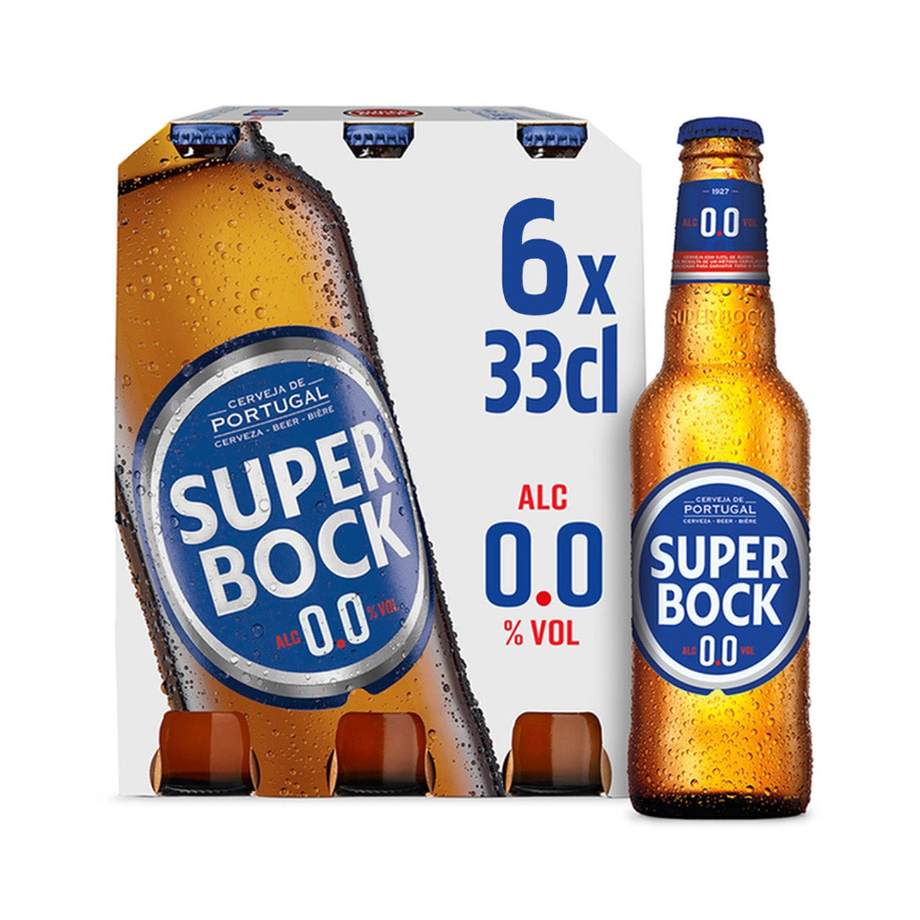 DE: Super Bock 0.0% Alkoholfrei 33cl 6-Pack MHI – alkoholfreies portugiesisches Bier in Mehrwegflaschen, mild und erfrischend vor hellem Hintergrund.
FR: Super Bock 0.0% sans alcool 33cl 6-Pack MHI – bière portugaise sans alcool en bouteilles consignées, fraîche et légère sur fond clair.
IT: Super Bock 0.0% analcolica 33cl 6-Pack MHI – birra portoghese analcolica in bottiglie a rendere, fresca e leggera su sfondo chiaro.