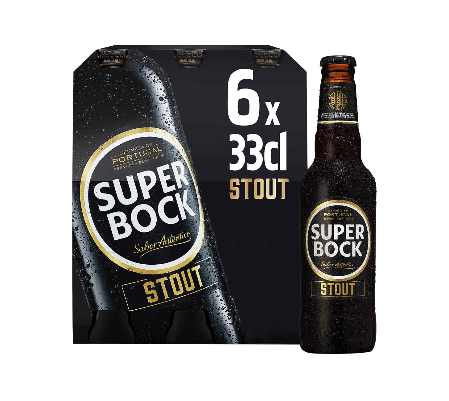 DE: Super Bock Stout Bier 33cl 6er-Pack in MHI-Mehrwegkiste – dunkles portugiesisches Stout mit Röstmalz, cremiger Textur und kräftigem, vollmundigem Geschmack.
FR: Super Bock Stout biere 33cl en caisse MHI 6 bouteilles – biere stout portugaise foncée aux malts torréfiés, texture crémeuse et goût intense.
IT: Super Bock Stout birra 33cl in cassa MHI da 6 bottiglie – birra stout portoghese scura con malto tostato, corpo pieno e gusto deciso.