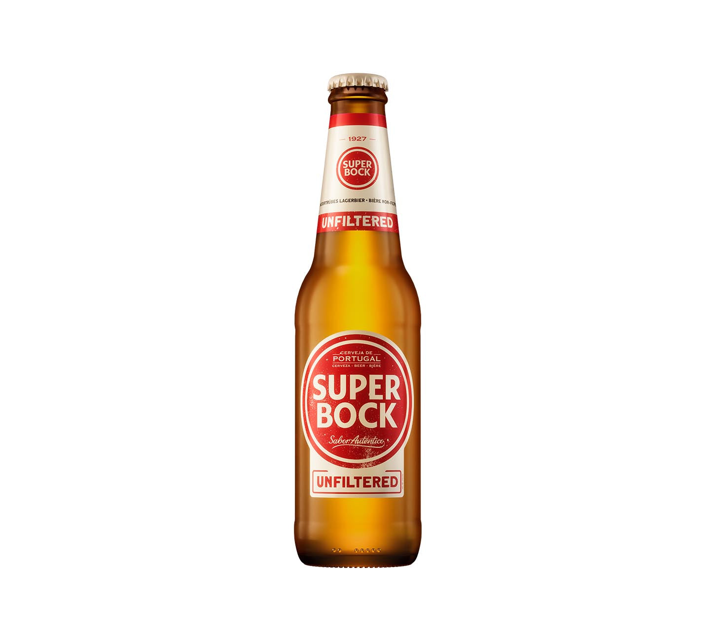 DE: Super Bock Unfiltered Bier 33cl Glasflasche – naturtrübes, unfiltriertes Lagerbier aus Portugal mit kräftigem, vollmundigem Charakter, einzelne Glasflasche freigestellt vor weissem Hintergrund.
FR: Super Bock Unfiltered Biere 33cl bouteille en verre – bière portugaise non filtrée, naturellement trouble et aromatique, bouteille individuelle présentée sur fond blanc.
IT: Super Bock Unfiltered Birra 33cl bottiglia in vetro – birra portoghese non filtrata dal carattere intenso e autentico.