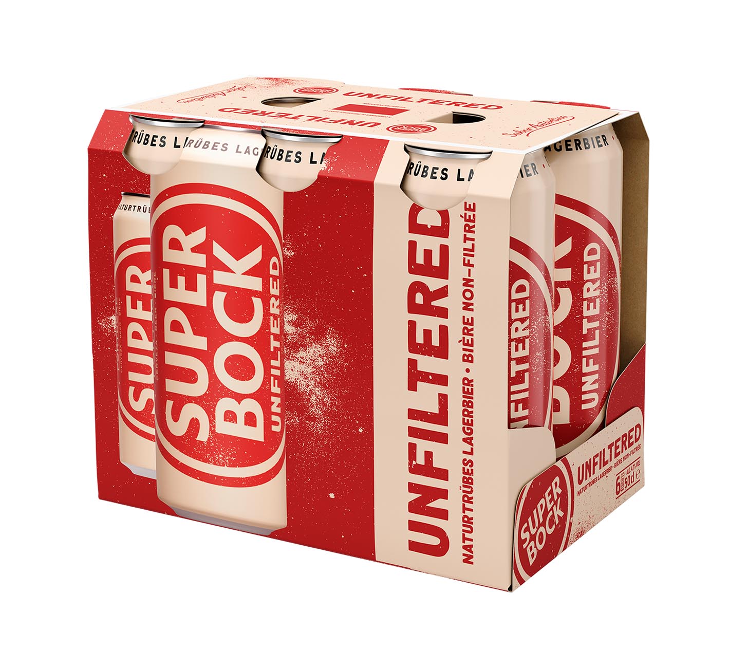 DE: Super Bock Unfiltered Bier 50cl 6 Pack – naturtrübes, unfiltriertes Lagerbier aus Portugal mit vollmundigem Geschmack, sechs grosse Dosen im Kartonpack vor weissem Hintergrund.
FR: Super Bock Unfiltered Biere 50cl 6 Pack – bière portugaise non filtrée et naturellement trouble, au goût intense, six grandes canettes en emballage carton sur fond blanc.
IT: Super Bock Unfiltered Birra 50cl 6 Pack – birra portoghese non filtrata e naturalmente torbida, dal gusto pieno e intenso, sei lattine grandi.