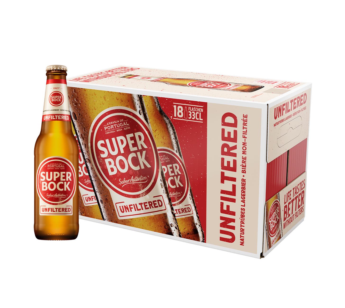 DE: Super Bock Unfiltered Bier 33cl 18 Pack Glas MHI – portugiesisches, naturbelassenes Lagerbier im 18er-Pack mit zusätzlicher Einzelflasche, Produktdarstellung vor weissem Hintergrund.
FR: Super Bock Unfiltered Biere 33cl 18 Pack verre MHI – bière portugaise non filtrée en pack de dix-huit bouteilles avec bouteille individuelle, visuel produit sur fond blanc.
IT: Super Bock Unfiltered Birra 33cl 18 Pack vetro MHI – birra portoghese non filtrata in confezione da diciotto bottiglie con bottiglia singola.